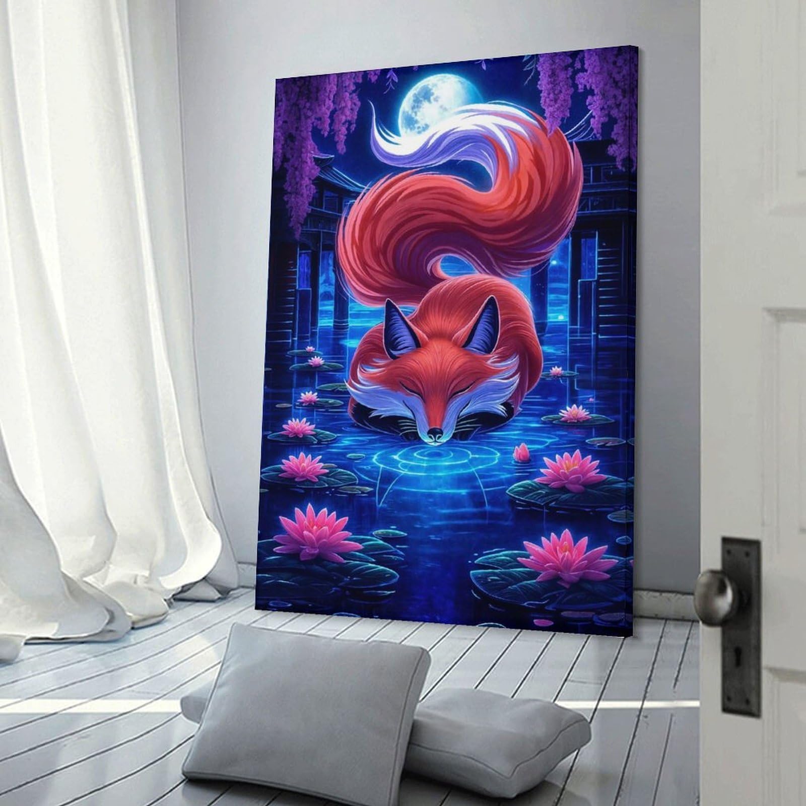 Junmoney Frame-Style-18 Canvas Wall Decor Lotus Fox, 20X30inch(50X75cm), For Home Lounge, Bedroom Or Reading Nook, Eye Catching Artwork For Blank Walls