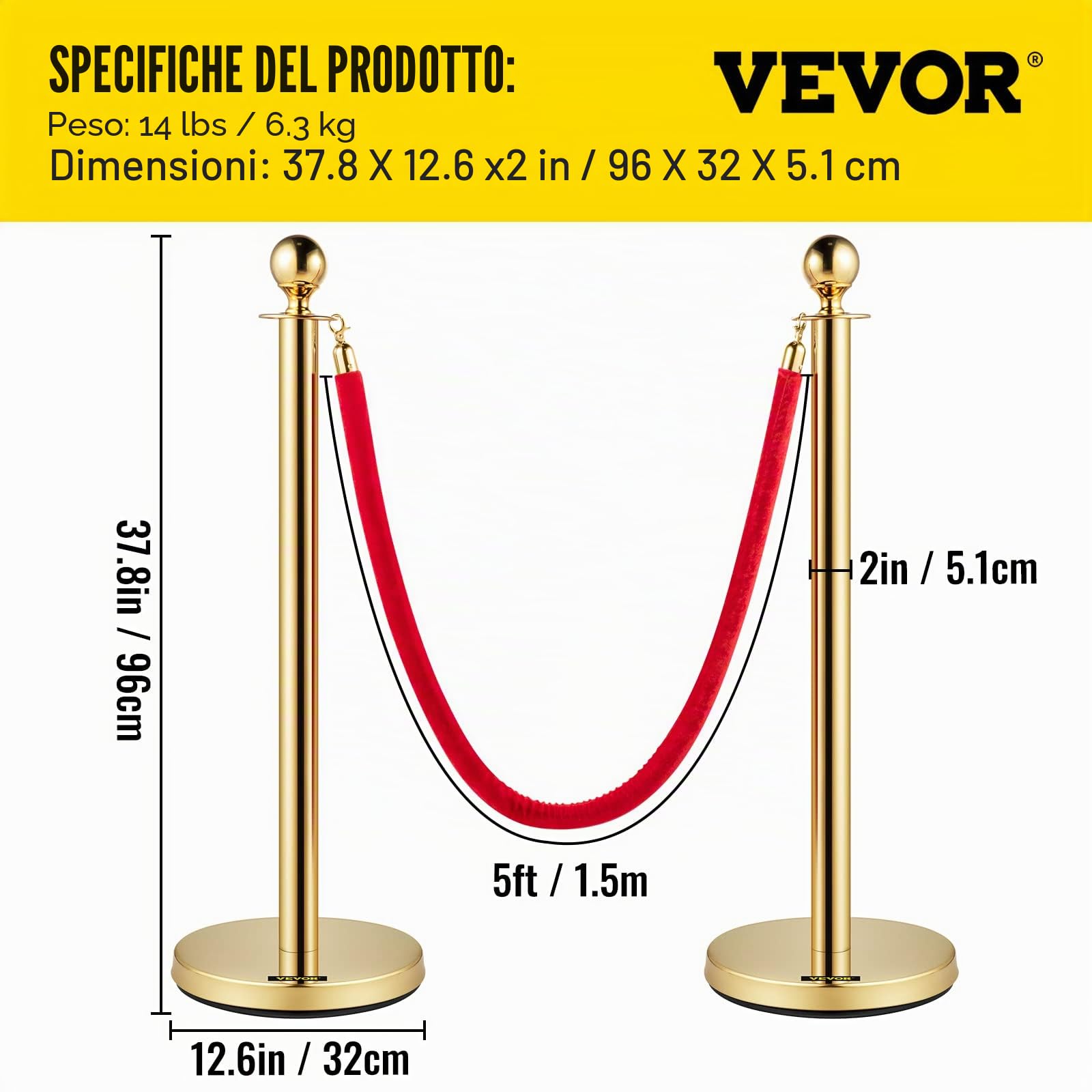 VEVOR Barriera per Il Controllo della Folla con Corda di Velluto Rosso, 4 Pezzi Corda da 1,5 m Barriere di Controllo della Folla Tondo Post Palo per Teatri, Hotel, Casinò, Biglietterie ed Eventi