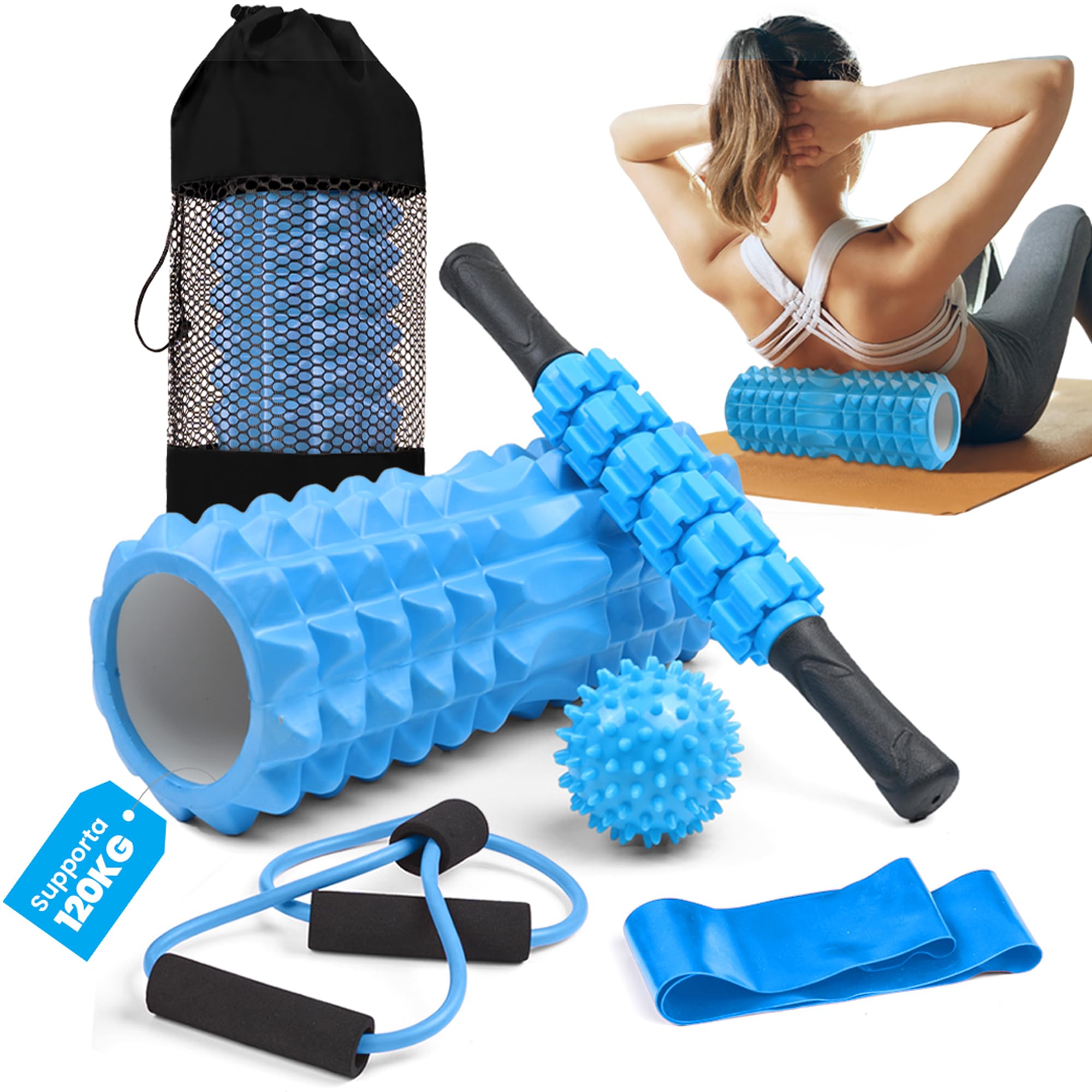unycos - Foam Roller【PP/EVA】| Kit 5 in 1, Rullo per Massaggio Muscolare che Supporta 120 kg, Fascia di Resistenza Fitness, Palla, Bastone di Riabilitazione, Corda di Forma e Custodia (Blu)