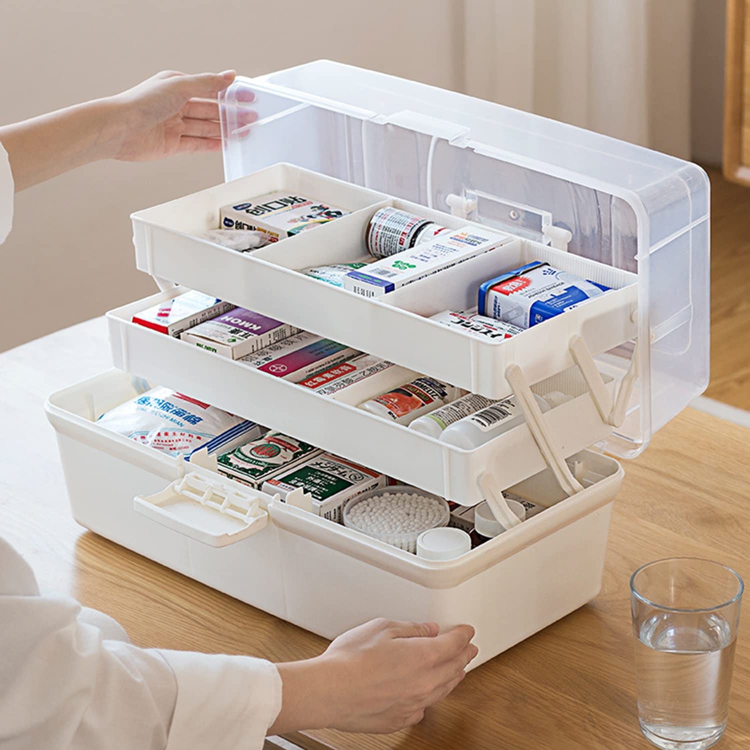 Winter Tragbares Erste-Hilfe-Set, 3-lagige Aufbewahrungsbox für Medikamente mit großem Fassungsvermögen, Hausapotheke-Organizer mit Deckel für Zuhause, im Freien, 14,6 * 7,5 * 7,1 Zoll