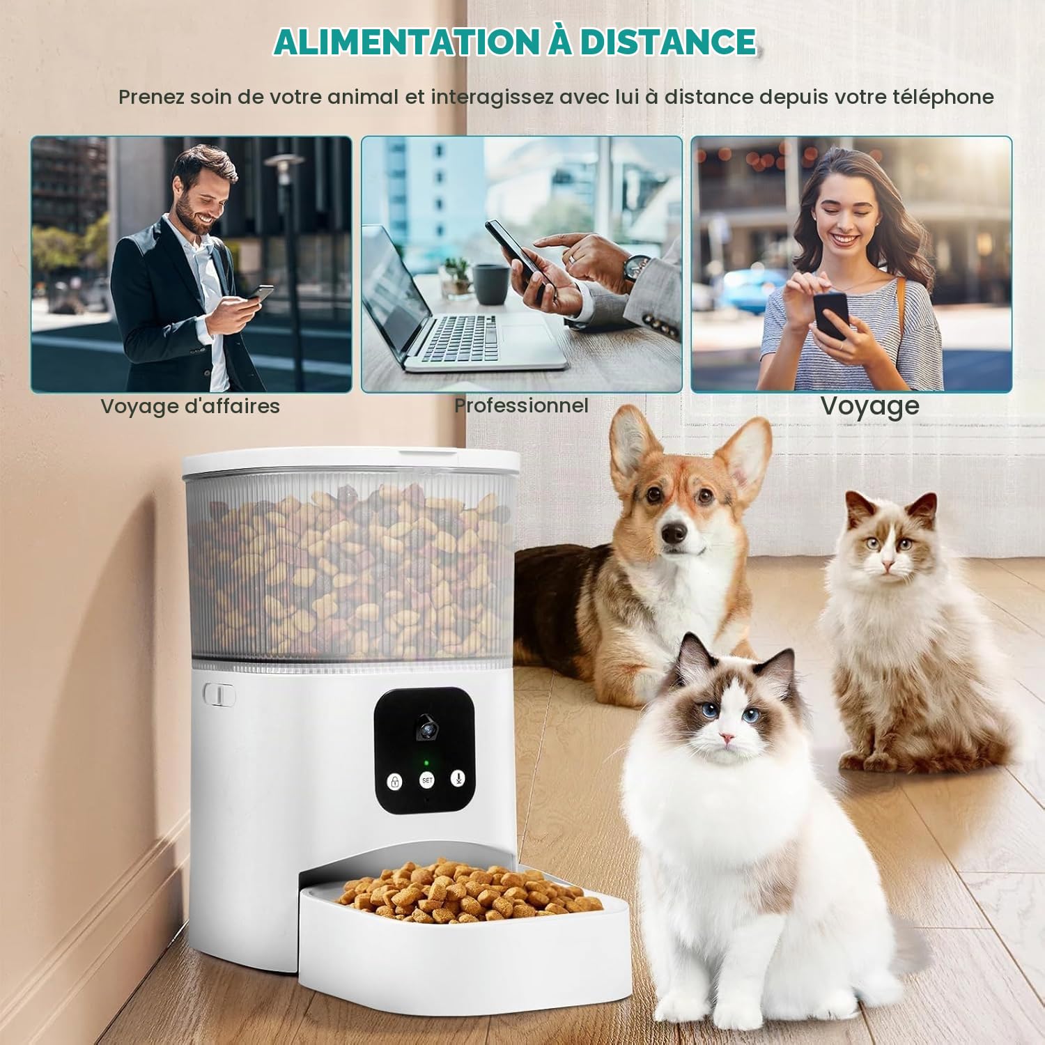 Distributeur Croquettes Chat Automatique, 3L Mangeoire Automatique pour Chat avec Caméra 1080P, 2,4 G WiFi+Bluetooth, Fonction Minuteur et Enregistrement Vocal (Blanc)