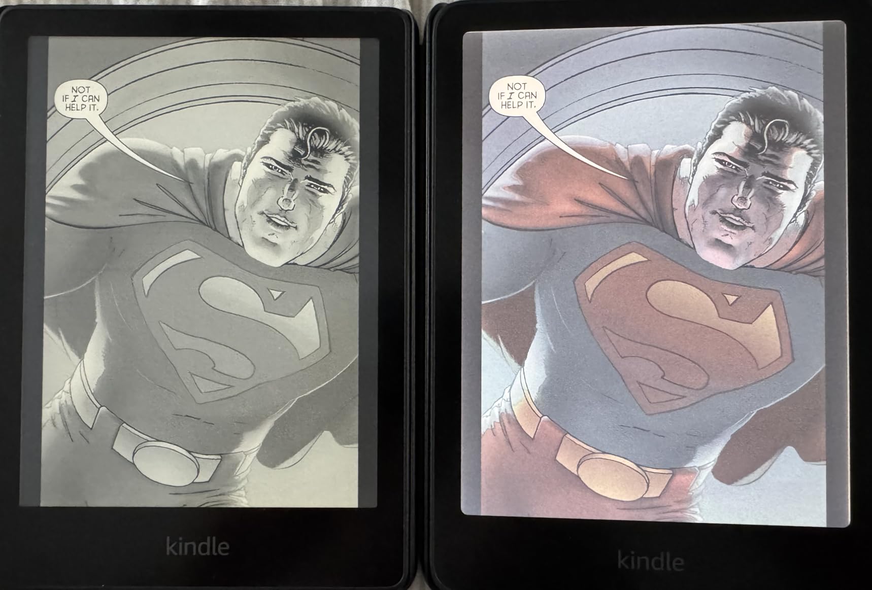 Kindle Colorsoft vs Paperwhite comparison showing a comic book cover in color