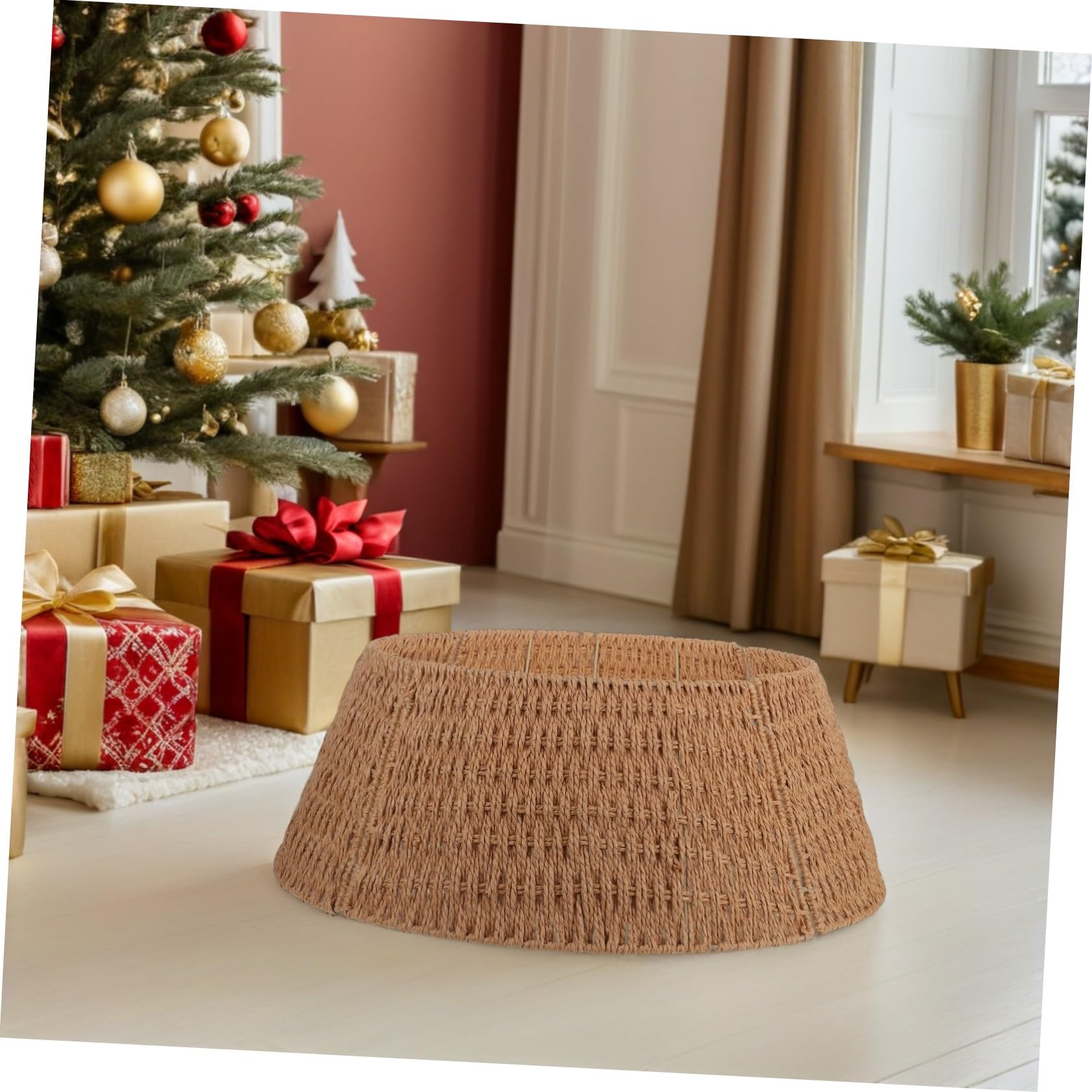 Collar Base Árbol Navidad Desmontable Falda Rústica Cuerda Papel Soporte Cesta para Árbol Artificial Decoración Navideña Farmhouse