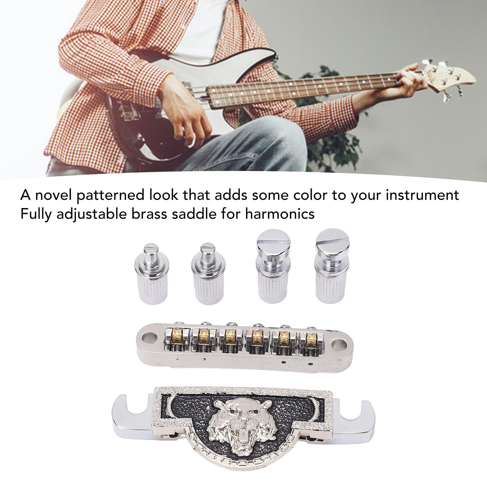 Lion Pattern Metal Guitar Roller Saddle Bridge, Electric Guitar Tailpiece with Adjustable Brass Saddles for LP (Silver)