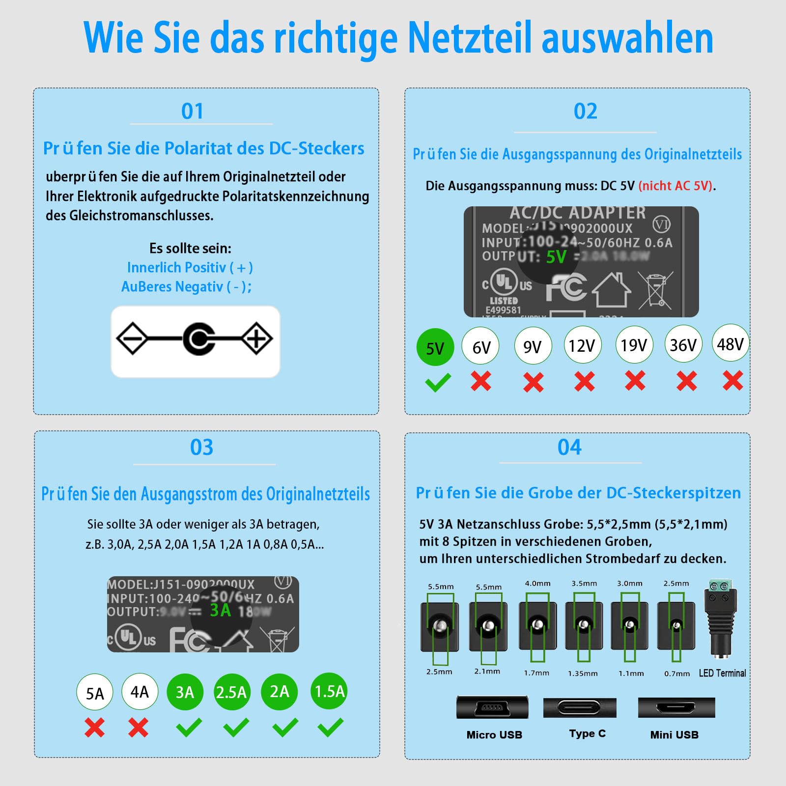 5V Netzteil, AC 100-240V auf DC 5V 3A 2A 1A Adapter, 15W Steckernetzteil. | mit 8 wechselbaren DC Steckern, für TV-Box, Lautsprecher, LED, Babyphone und weitere 5V Geräte Schaltnetz.