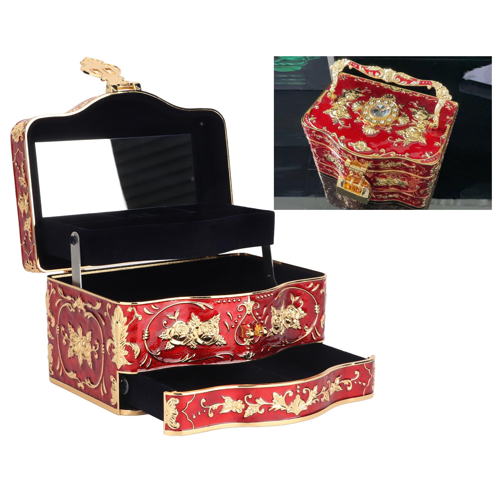 Retro Emaliowane Etui na biżuterię Wykwintne Metalowe Dekoracje Kwiatowe Eleganckie Niebieskie Welurowe Pudełko na biżuterię do Kolekcji Vintage Stop Cynku Szkło 7,09 X 5,12 X 4,13 Cala