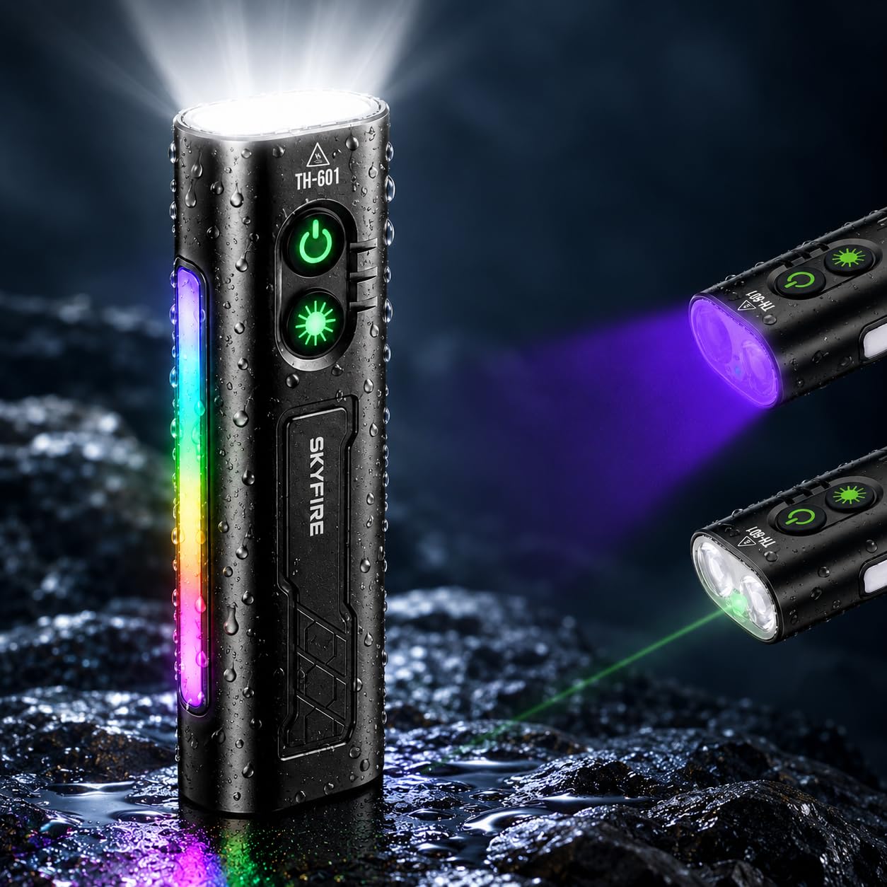 SKYFIRE EDC Magnetic Rechargeable Flashlight with UV Light & Green Beam | White Bright LE…