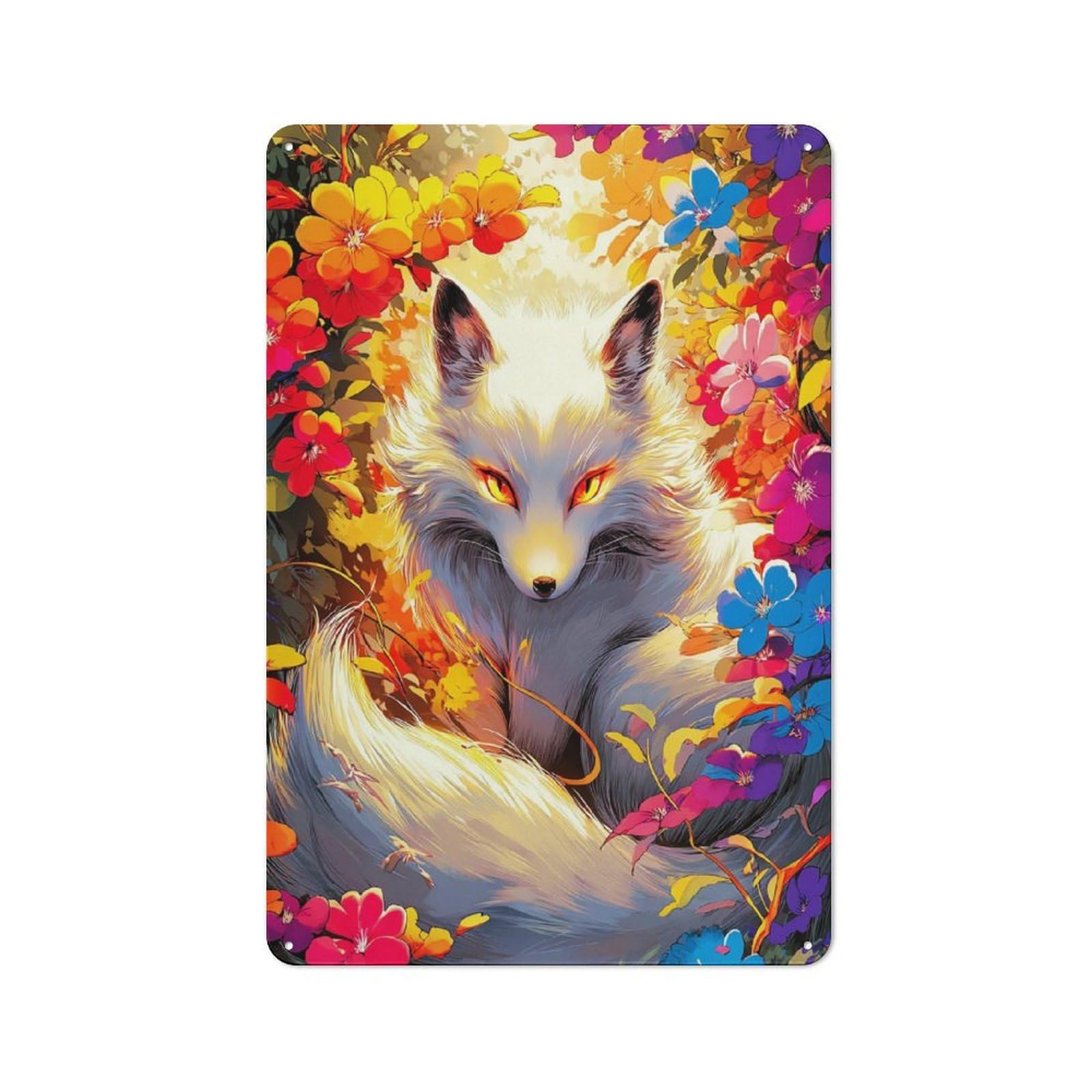Bistro Style Floral Fox Portrait Decorative Metal Plaque 30x20cm, Bistro Wall Plaque for Tea Room, Shop Wall Or Breakfast Area