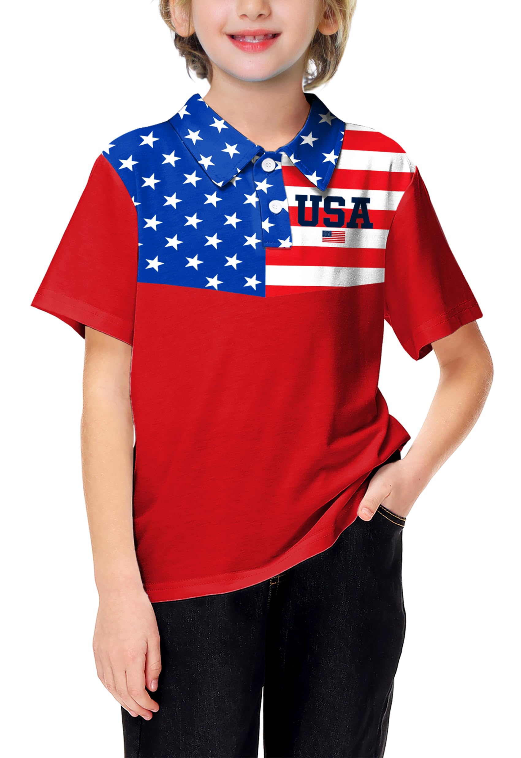 AOBUTE Kids 4th of July Polo American Flag Short Sleeve Button Down Shirts Tops 3-14 Years