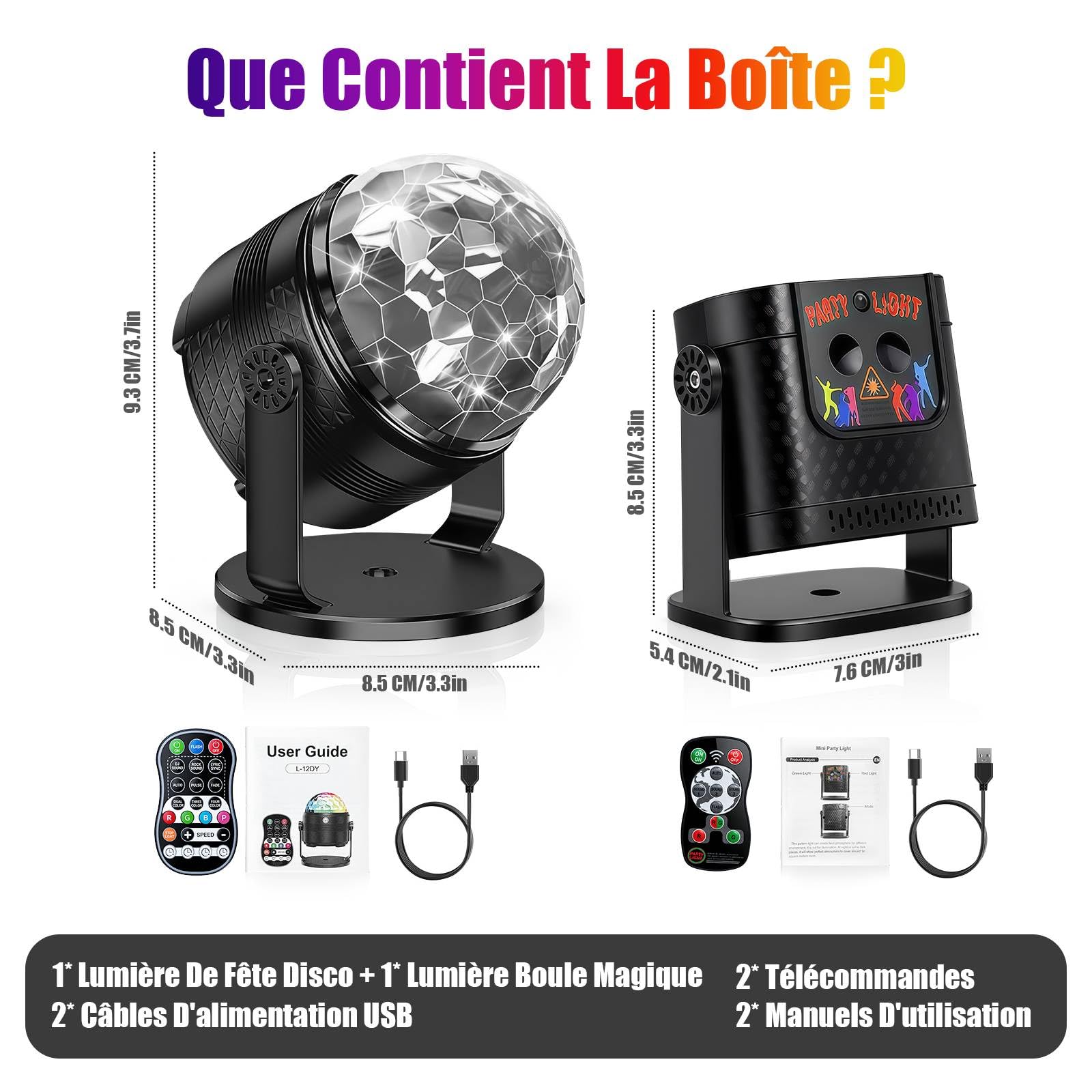 Jeux de Lumiere pour Soiree, Boule Disco Tournante à 360° + eu de Lumiere Soiree DJ avec Contrôle Musical, Jeux de Lumière RVB avec Télécommande pour Fête, Anniversaire, Karaoké (2 Pièces)