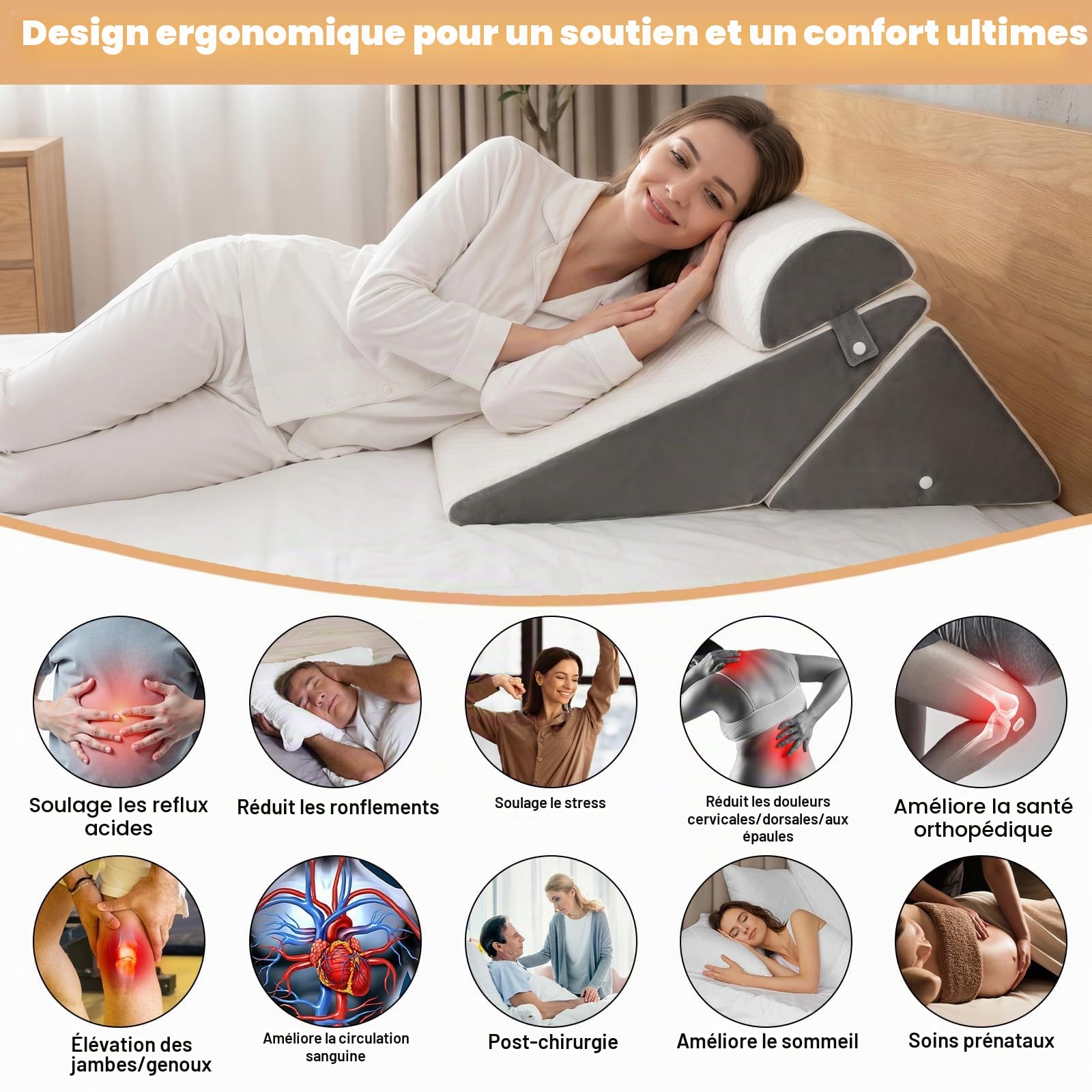 Traversin réglable pour lit, oreiller de lecture pour lit et canapé, oreiller anti-reflux en mousse, coussin dorsal, pour l'apnée du sommeil, lecture, élévateur de sommeil, coussin pour les