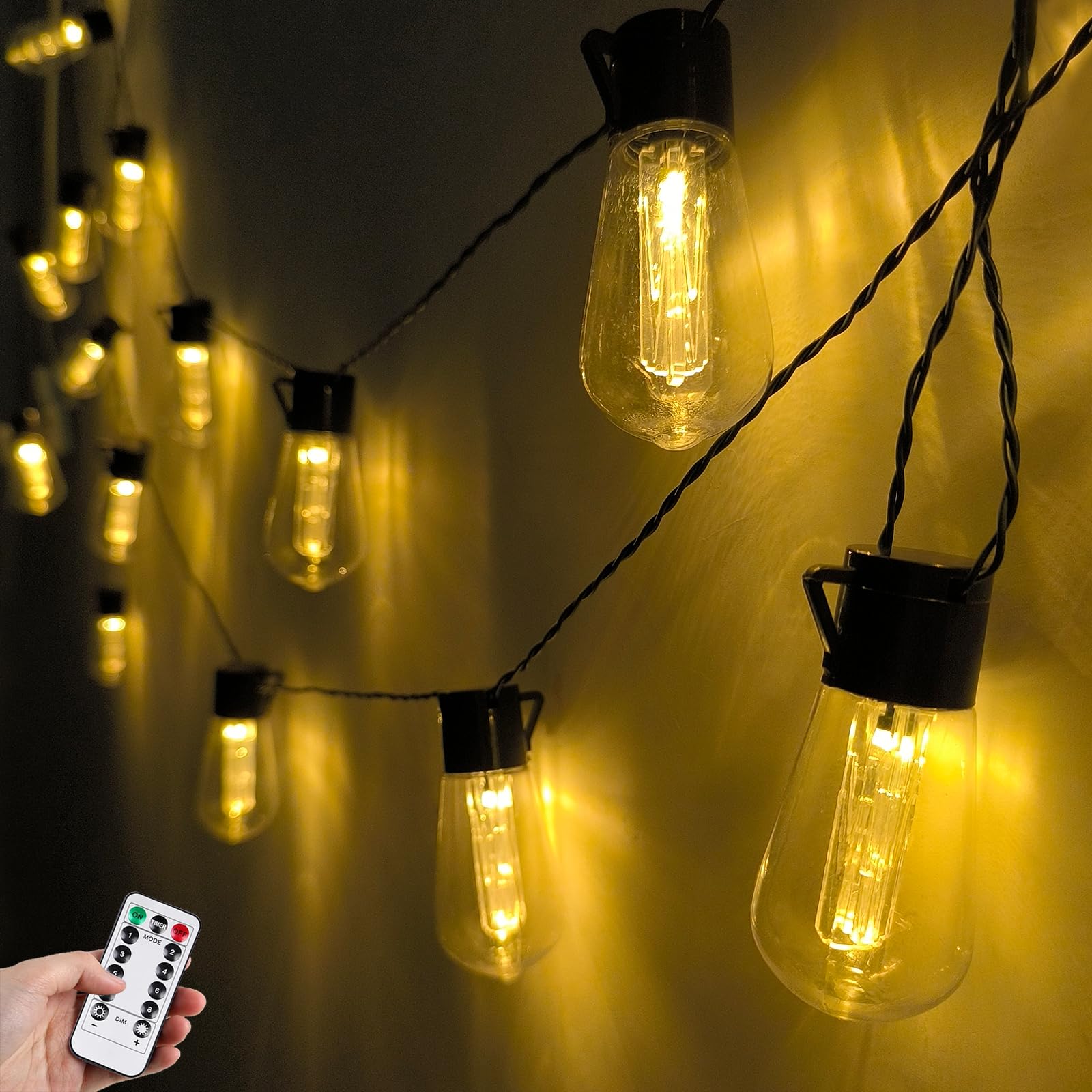Batteriebetriebene Außenlichter, 20 LEDs, Edison-Glühbirnen, Lichterkette mit 8 Modi und Timer, USB-Stecker-Lichterkette für Innen- und Außenbereich, Schlafzimmer, Balkon, Terrasse, Camping