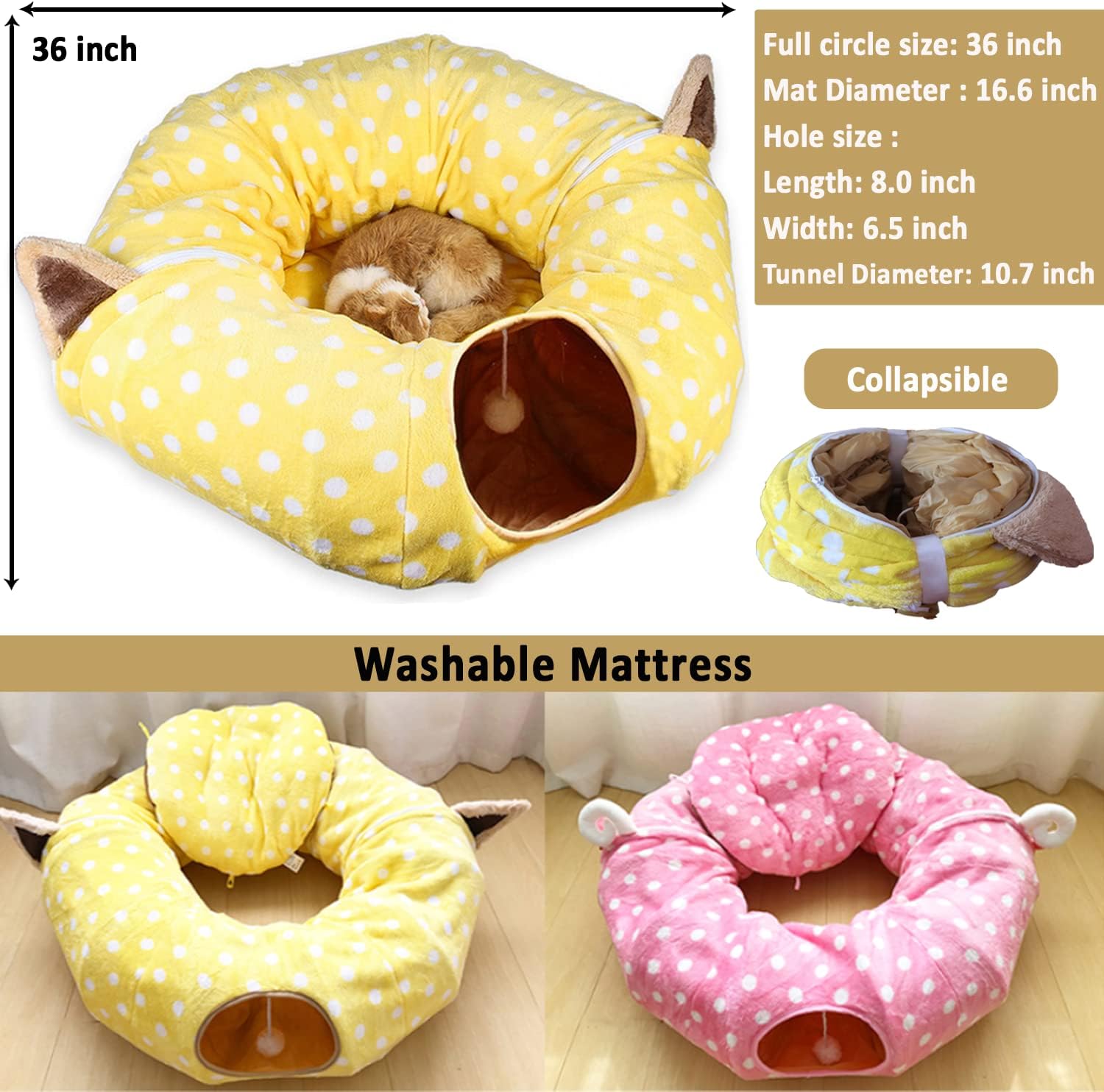 Pink Plush Polka Dot Cat Tunnel Bed with Central Mat