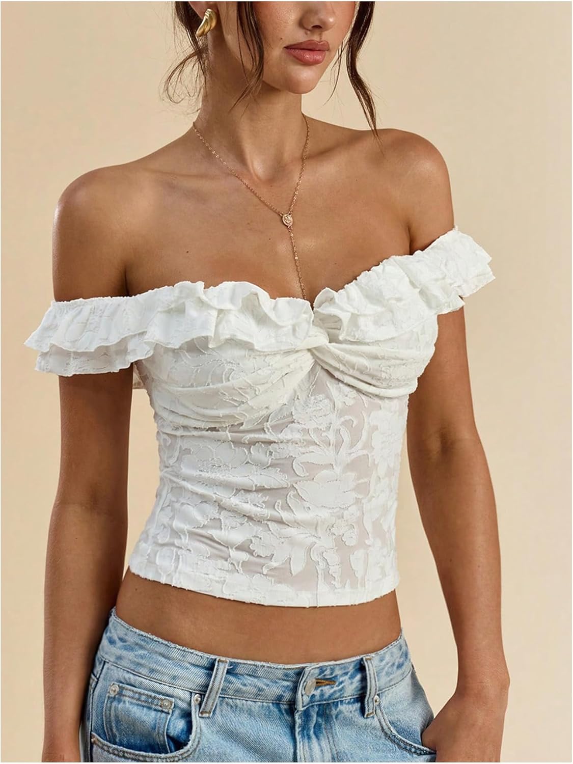 Floerns Women's Floral Off The Shoulder T Shirts Ruffle Twist Front Fitted Crop Tops - Image 2