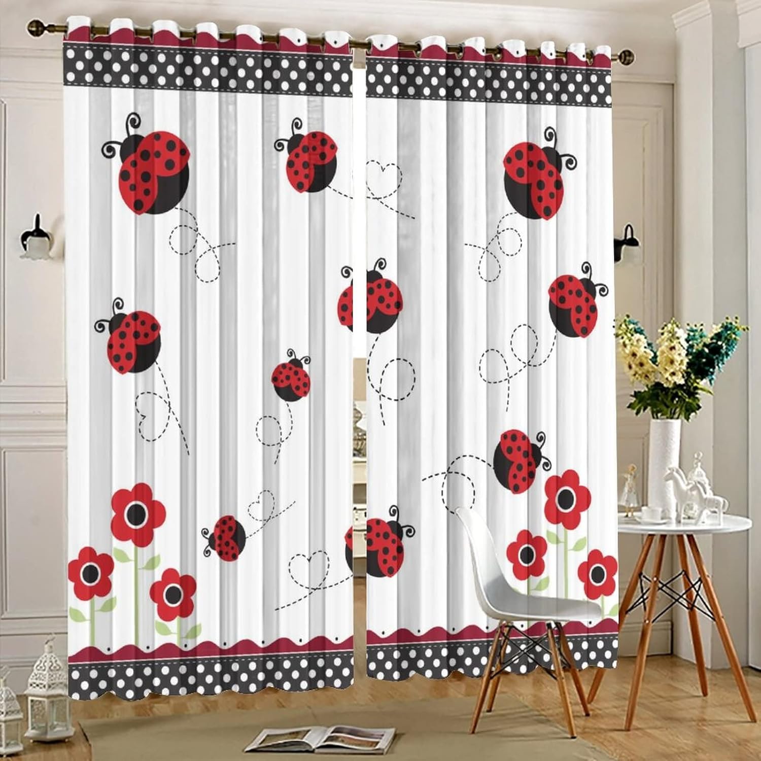 Cartoon Red and Black Plaid Ladybug Blackout Curtains - Cute Forest Animal Theme Dot Decor Grommet Window Curtain Set Energy Saving Thermal Insulated Drapes for Living Room Nursery,2 Panels 63L x 21W