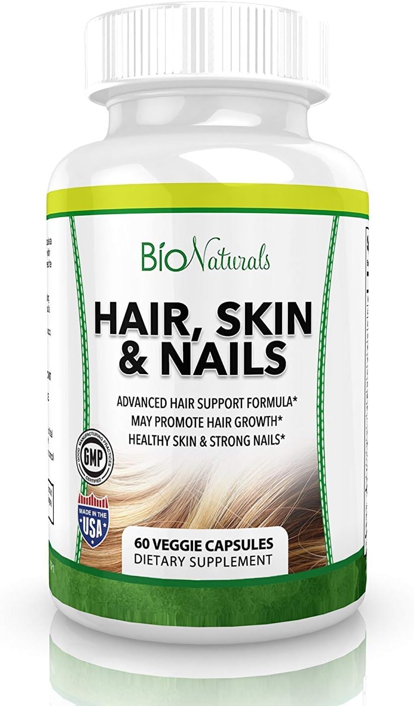 Bio Naturals Hair Skin & Nails Vitamin Supplement w/ Biotin, B Vitamins & Our Proprietary Herbal Blend for Healthier Hair & Growth, Glowing Skin & Stronger Nails - 60 Veggie Capsules