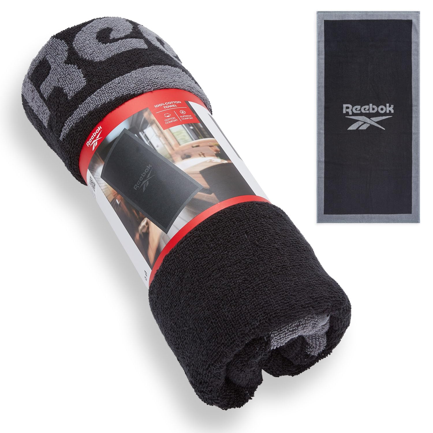 Reebok Prague Cotton Towel – Premium 100% Cotton Bath Towel with Soft Feel | Large Towels For Adults | Absorbent and Quick Drying | Ideal For Bathroom, Gym & Travel | Black