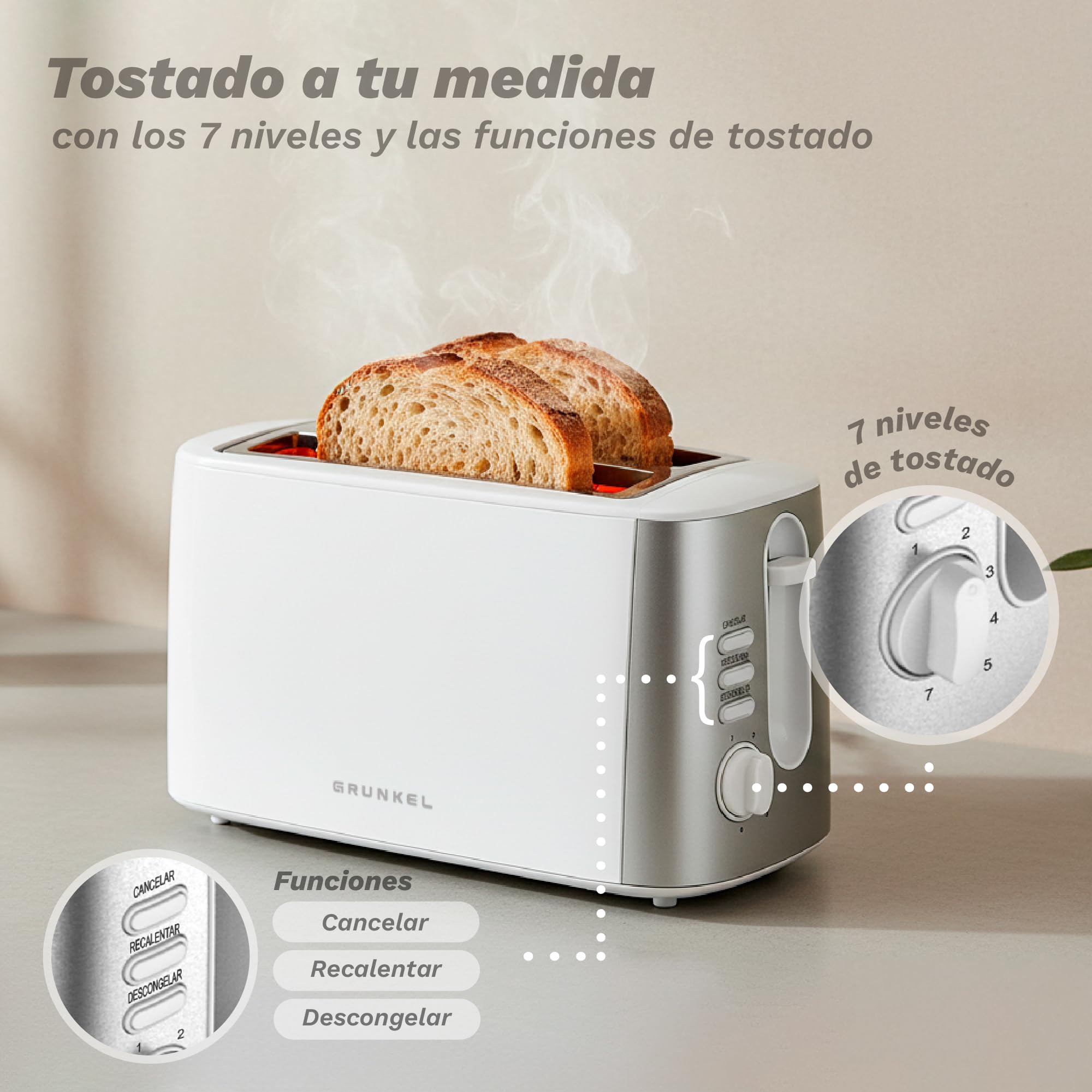 Grunkel - Tostador TS-DOBLEMAXI - Con ranura extra ancha con 7 niveles de tostado, bandeja recogemigas extraíble y recogecable. Función recalentar, descongelar y cancelar - 1400W - (Ranura doble)