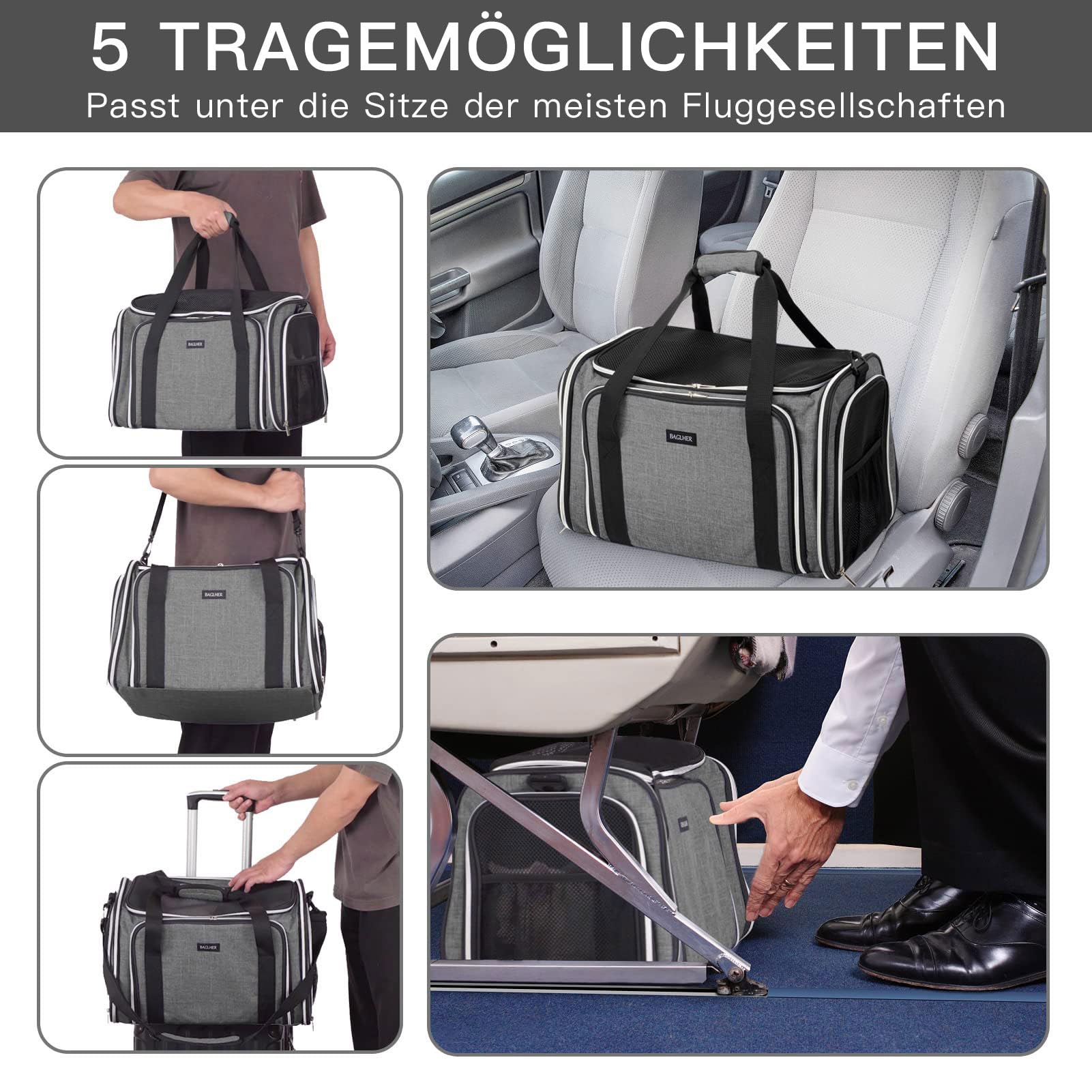 BAGLHER Erweiterbare Katzentrage mit Reise-Klo, Haustierreise, 5 Seiten offene Türen, 3 Seiten, auslaufsicher und zusammenklappbar, für Auto, Flugzeugausflug, Grau