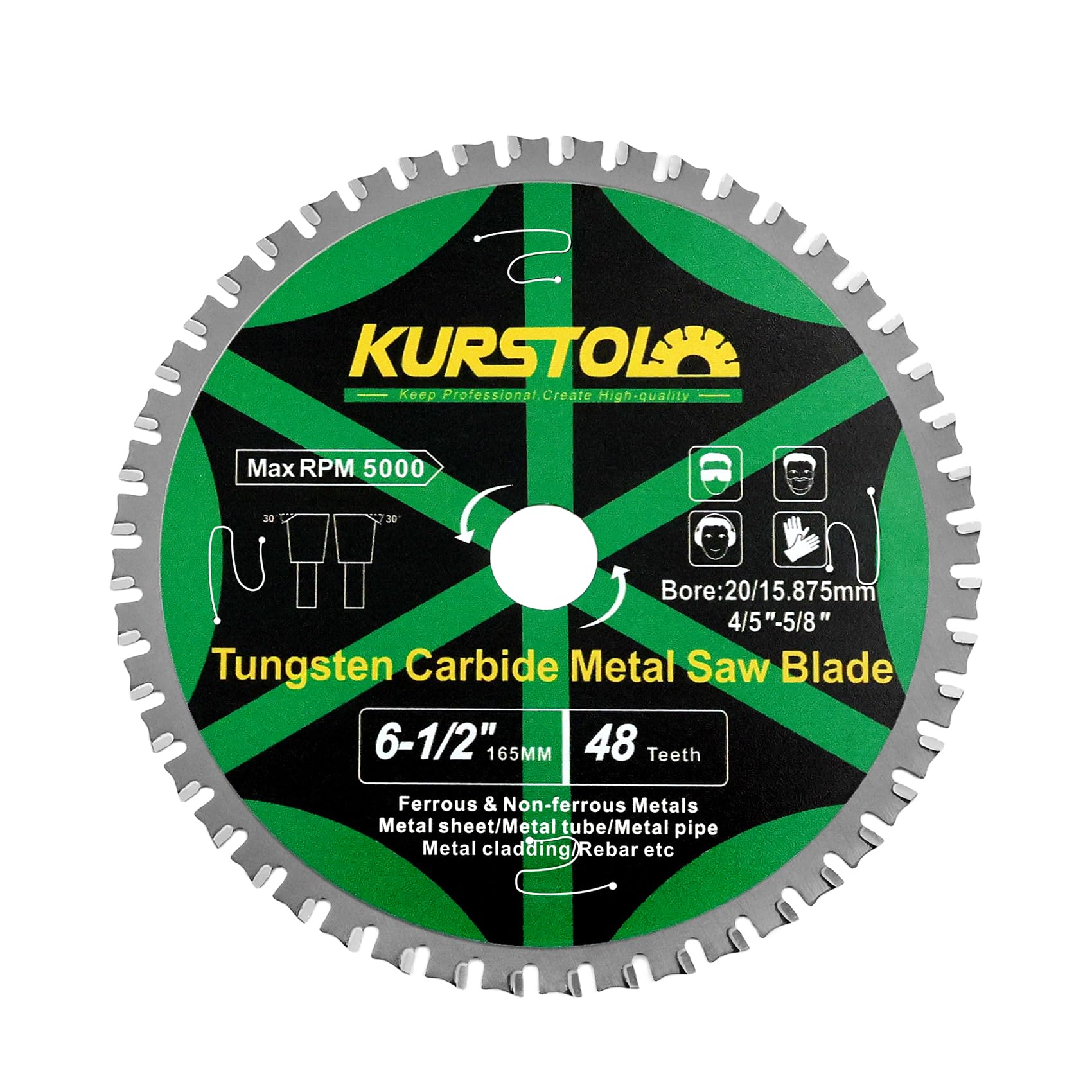 KURSTOL Metal Circular Saw Blade - 6-1/2" TCT Cutting Blade 48T Tungsten Carbide Tipped Blade Arbor 20mm with 15.87mm Washer for Steel, Iron, Nickel,