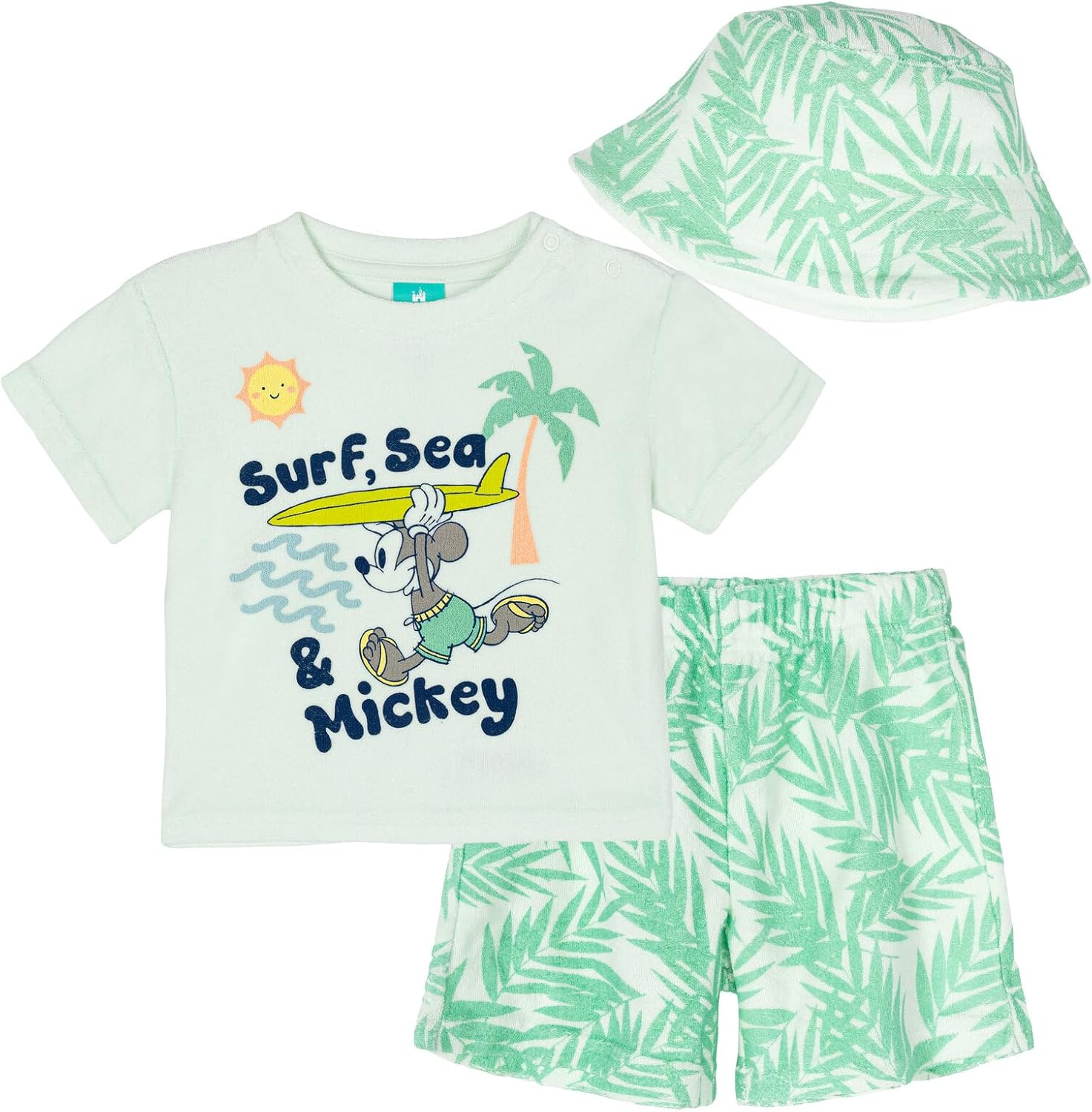 Disney Baby Loop Terry Cloth T-Shirt, Shorts & Bucket Sun Hat 3 Piece Outfit Set Newborn to Infant Sizes (0-24 Months)