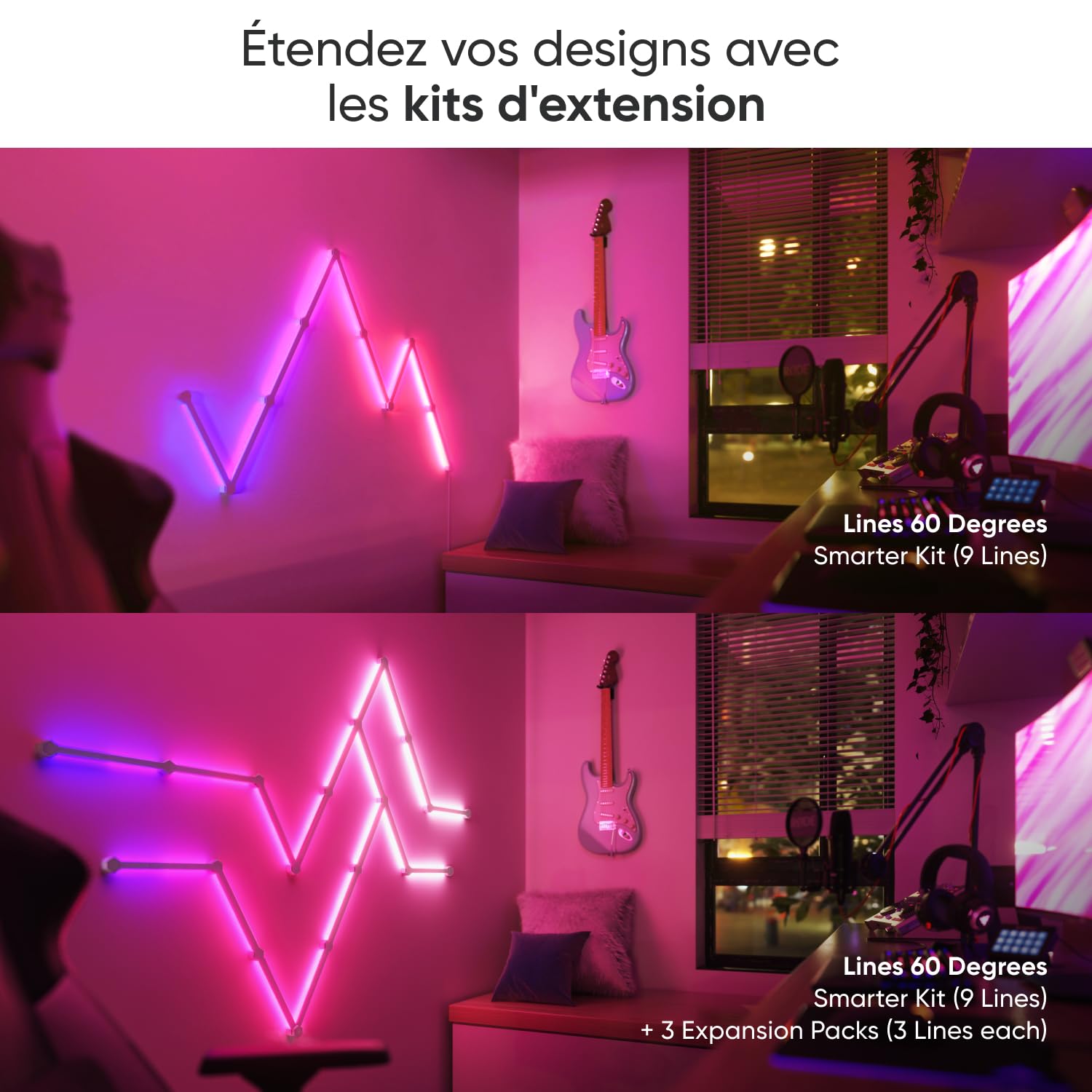 Nanoleaf Lines 60 Degrés Kit de Démarrage, 15 Barres Lumineuses LED RGBW Connectées - Appliques Murales Luminaires Intérieur Modulaires Wi-Fi 16M Couleurs, Compatible Alexa, pour Salon Chambre Gaming