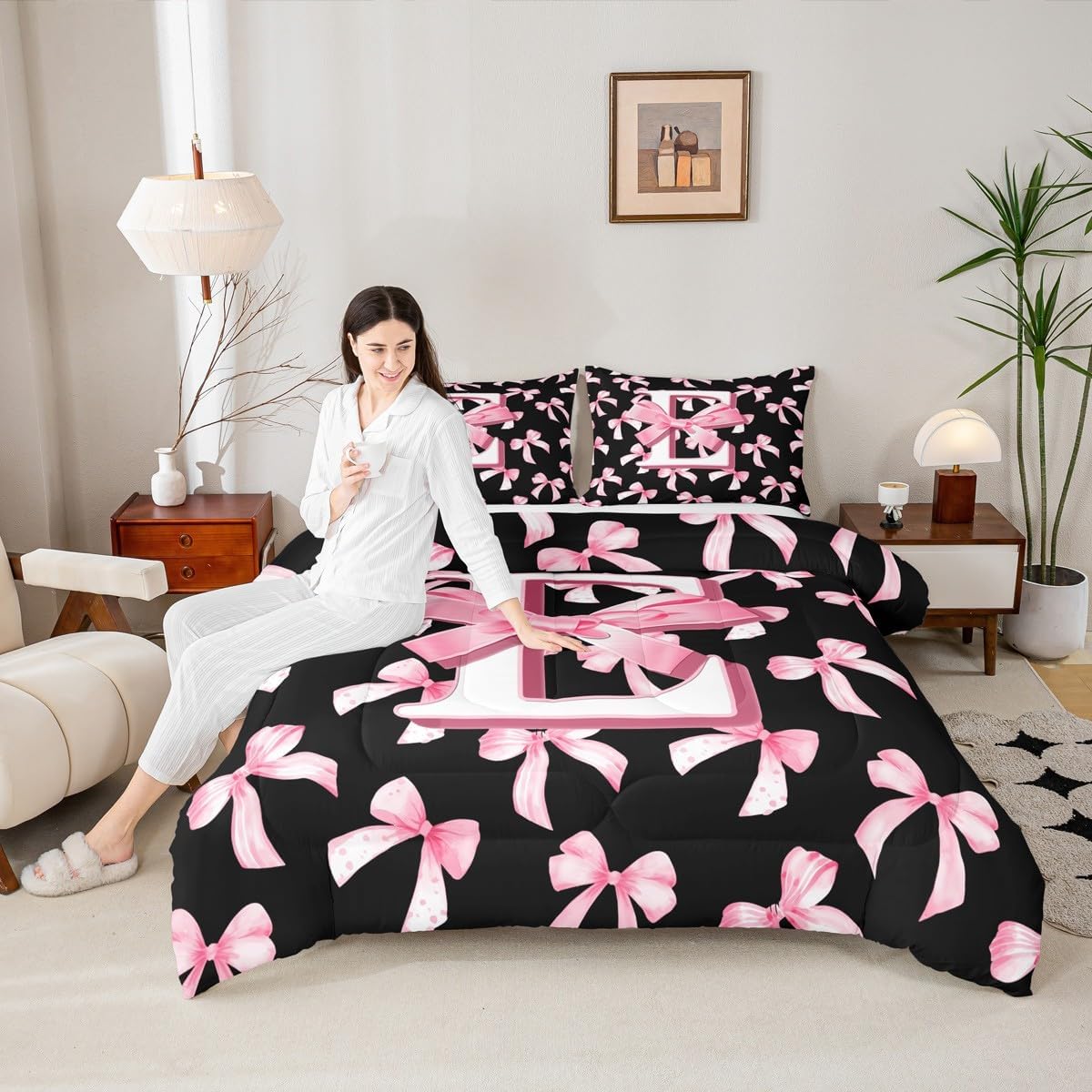 Feelyou Kids Girls Cute Pink Bow Comforter Set Twin Size Initial Letter E Bedding Set Coquette Bow Knot Duvet Quilt Monogrammed Room Decor Personalized Teen Girl Women Gifts 2 Pcs with 1 Pillow Cases