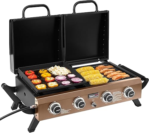 GD4002TPY - Combo de parrilla y plancha de mesa portátil con capucha, 4 quemadores portátil de gas propano para patio trasero, campamento, picnic y