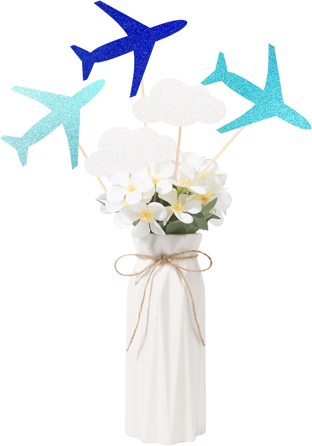 Gexolenu 10 Pcs Airplane Centerpieces Glitter Double-Sided Cloud Plane Cake Topper Table Food Picks For Baby Shower Decorations Kids Birthday Party Supplies (Blue) Pattern 1