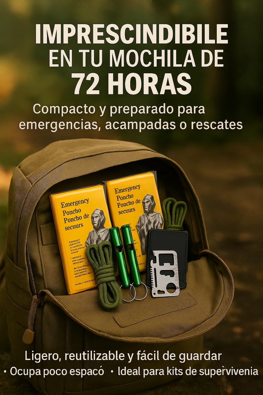 Poncho Termico Impermeable (2 Piezas) + 2 silbatos de Supervivencia con Cuerda +1 tarjeta multiherramienta, Manta Termica Supervivencia, Kit Emergencia Outdoor, Ideal para coche, senderismo o kit 72 h