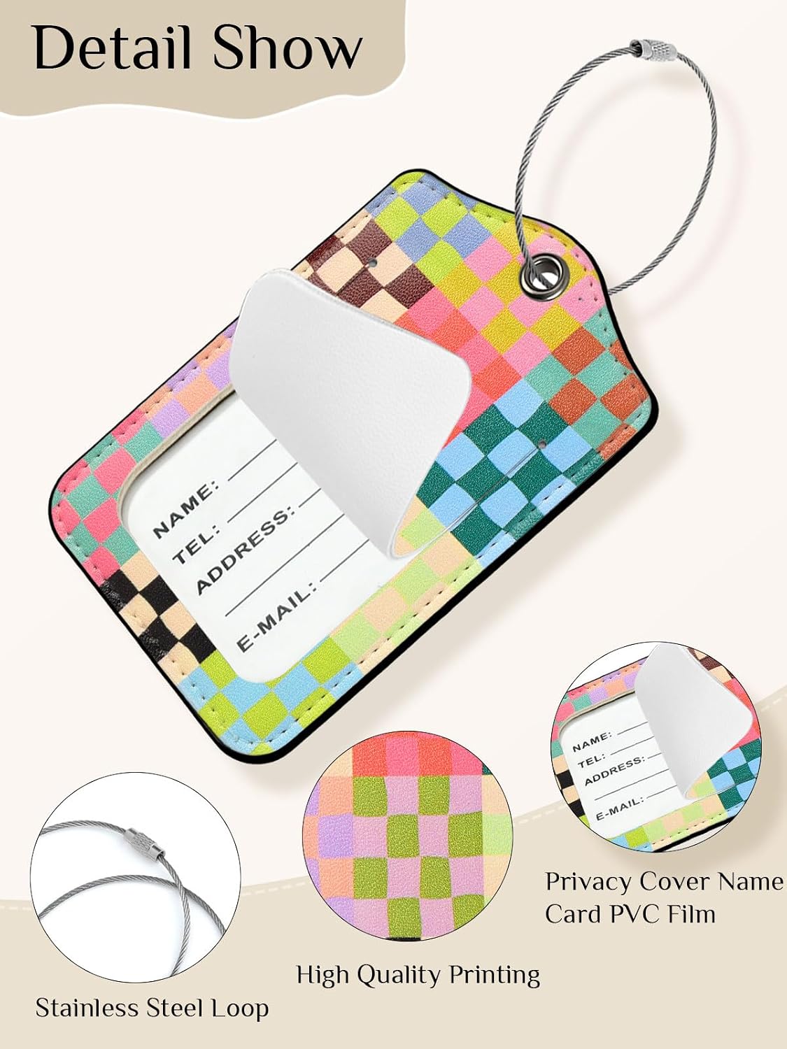Seorsok 2Pcs Luggage Travel Tags for Suitcases,Cute Color Grids Checkered PU Leather Name Tag with Privacy Cover&ID Label Address Card and Durable Metal Ring Suitable for Men Women Handbags Backpack image 3