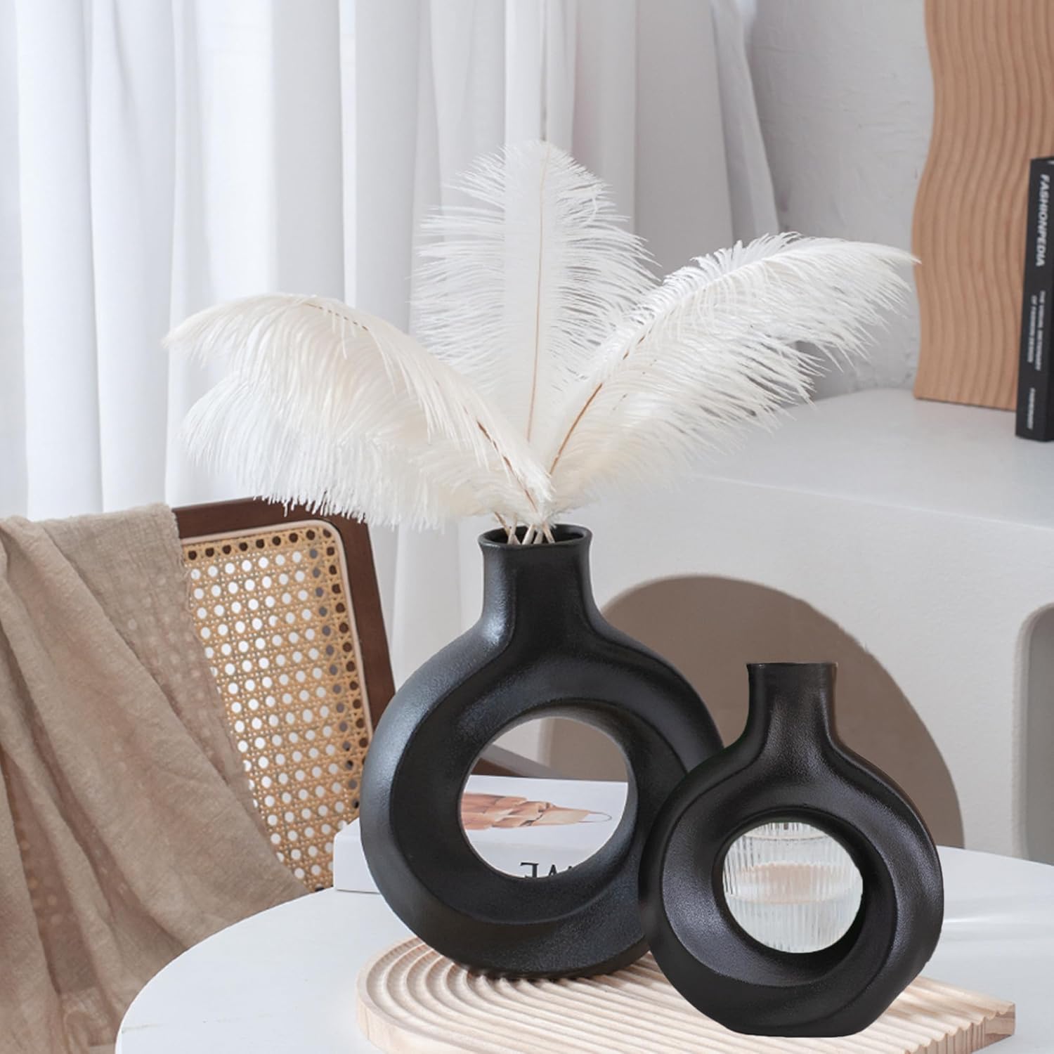 Modern Ceramic Vase, Set of 2 - Minimalist Nordic Black Donut Vases Decor, for Dried Pampas Grass Aesthetic Flowers | Table Centerpiece, Wedding, Living Room, Bookshelf, Office, Home, Console