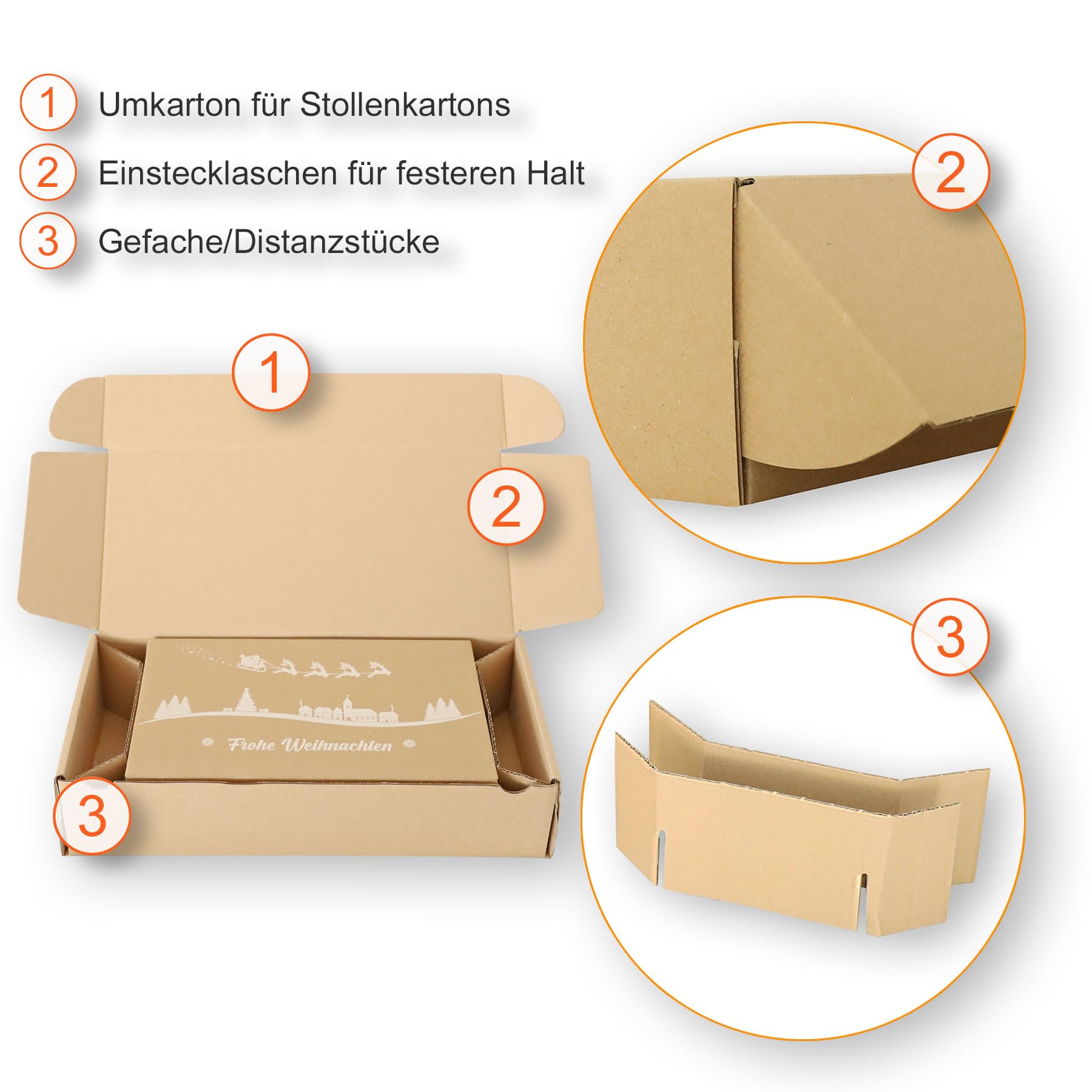 50 Stück Umkarton für Stollenkarton 1.500g | braun | 397×190×85mm | 1.12 B-Welle | für Christstollen/Weihnachtsstollen | Faltschachtel für optimalen Versand