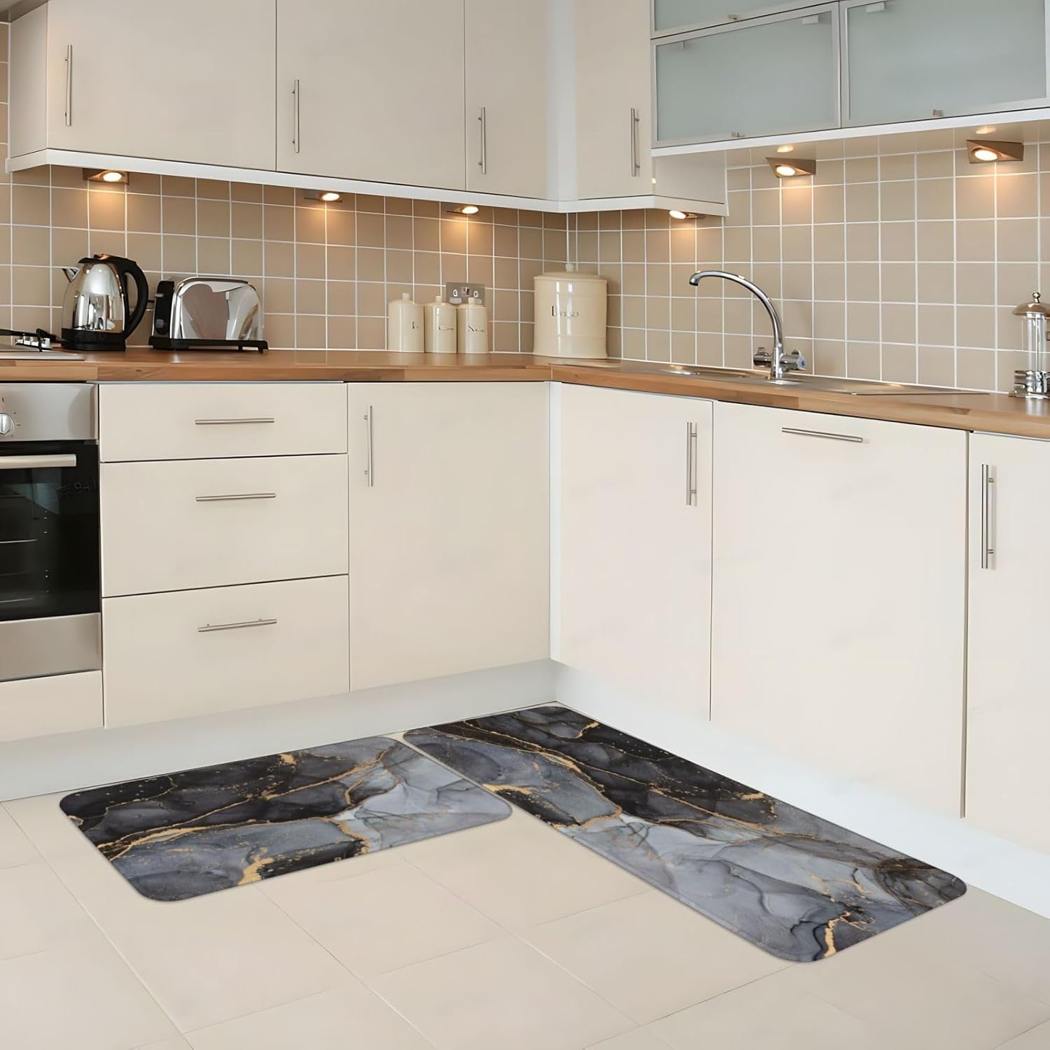 Black Grey Marble Print Kitchen Rugs Microfiber Floor Mats Cushioned Carpet Runner Rug for Laundry Bathroom Living Room, 2 Piece Set 17"X 47" + 17"X 30"