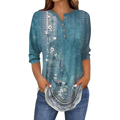 Women 3/4 Sleeve Tops 2025 Spring Henley Neck Casual Striped Tunic T Shirts Three Quarter Length Tops Fashionable