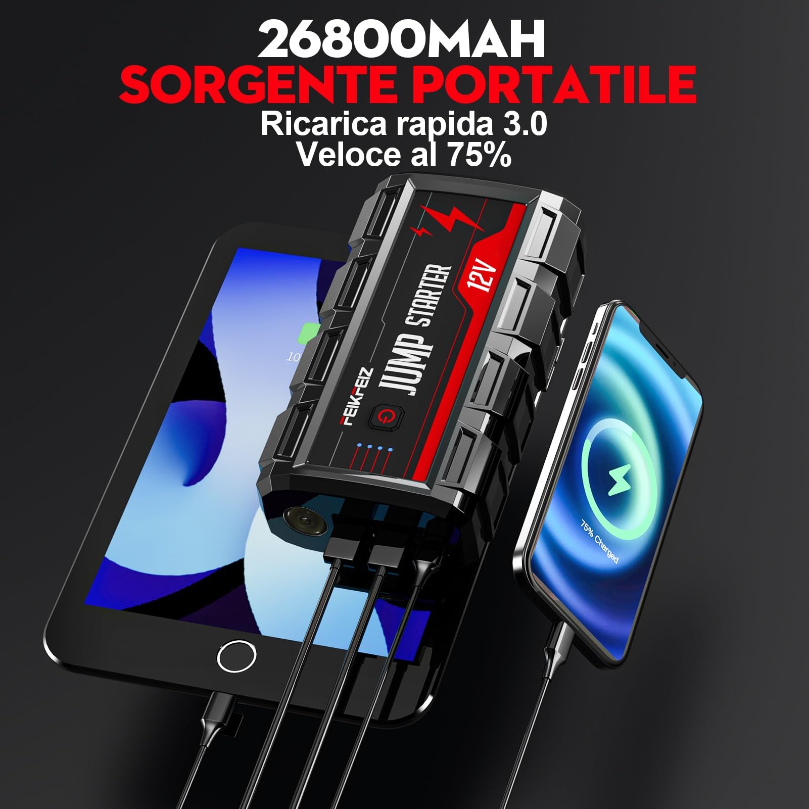 FEIKFEIZ Avviatore Batteria Auto, 6000A 26800mAh Avviatore Emergenza per Auto(Adatto a Tutti i Veicoli a Benzina o 10,0L Diesel) 12V,Avviatore di Emergenza, Jump Starter, con Torcia LED.