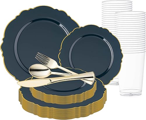 Elegante vajilla desechable de plástico resistente, platos de plástico con diseño de borde de flores, para bodas, cumpleaños y todas las ocasiones