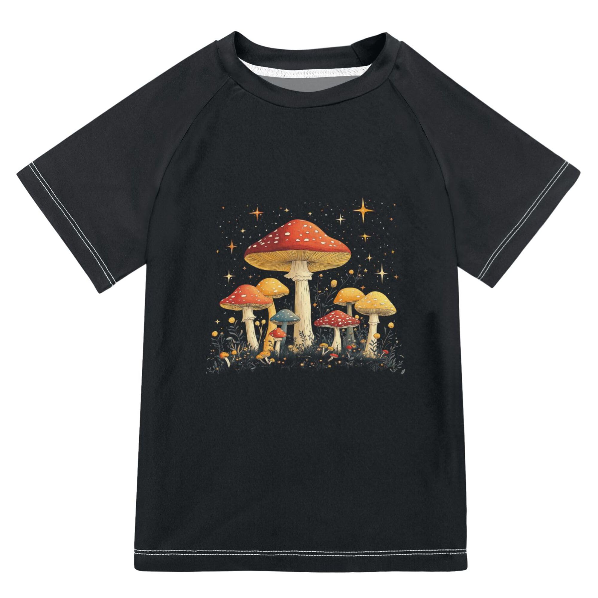 Mushrooms Stars Black Boy Bathing Suit Sun Protection Rashguard Girls Swimwears Athletic Shirt for Youth Boy 5-6T