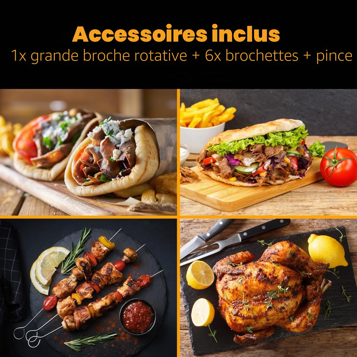Clatronic® Döner Multigrill | Parfait pour les gyros, kebabs & Co | Gril gyros pour griller sans graisse à la maison | Gril à kebab Incl. tournebroche & 6 brochettes de viande | DVG 3686