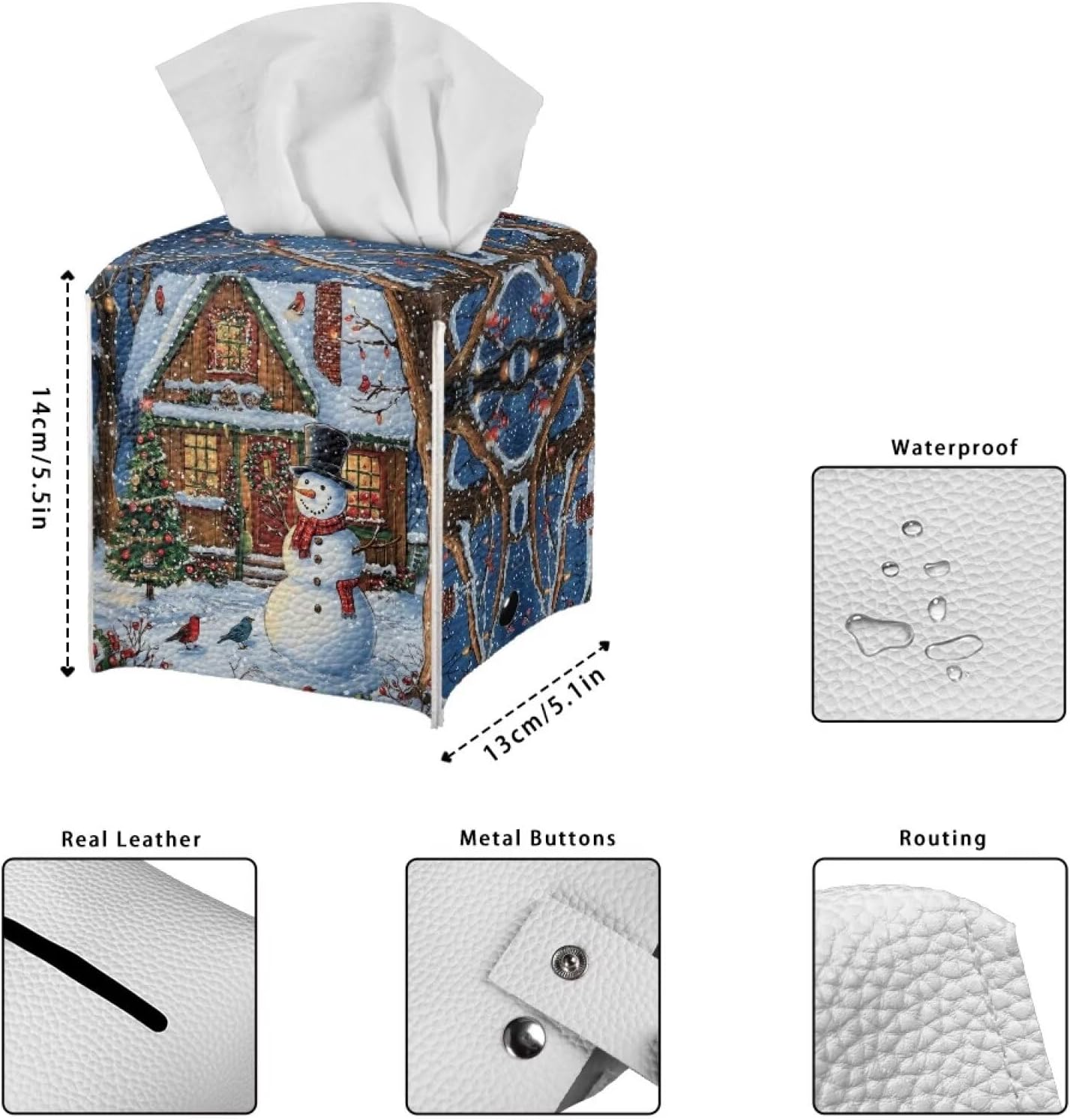 doginthehole Christmas Decorations Tissue Box Cover Christmas Cottage Snowman Square PU Leather Facial Tissues Dispenser Box Holder for Dresser Bathroom Bedroom Car image 5