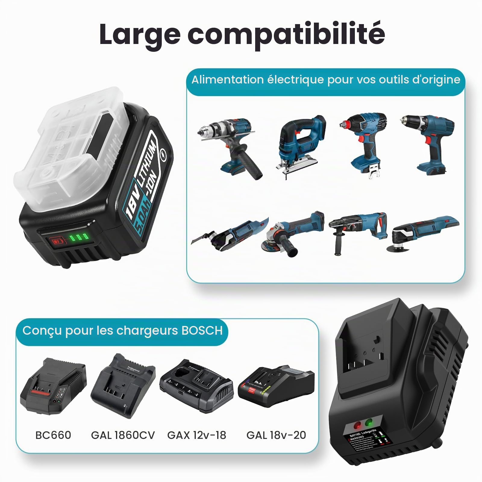 Batterie de rechange 5000 mAh pour Bosch Professional 18 V avec chargeur