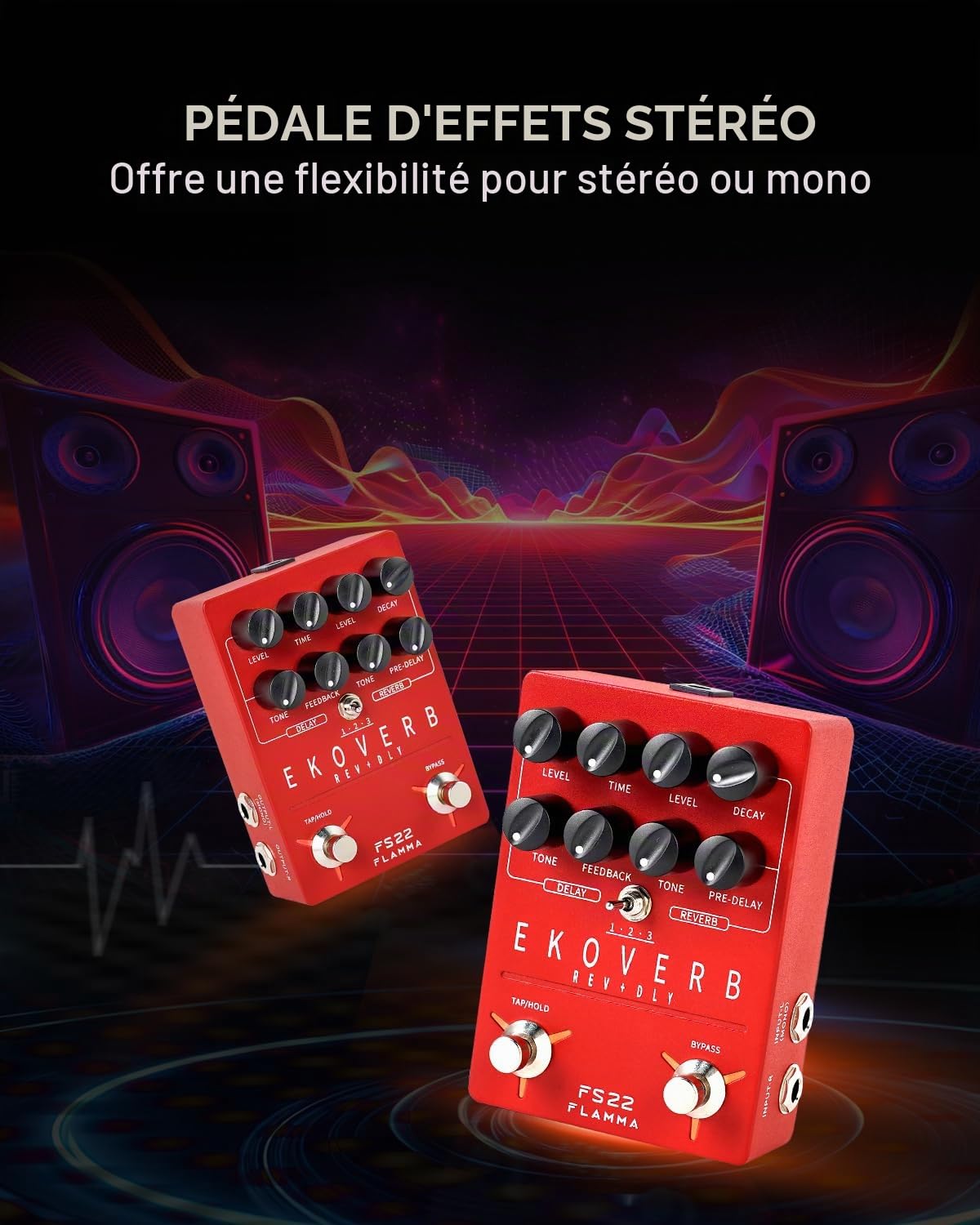 FLAMMA FS22 Pédale d'effets combo de retard et de réverbération stéréo pour guitare d'ambiance avec 3 paires d'effets combinés Reverse Delay Shimmer Reverb Tap Tempo Freeze Trail On