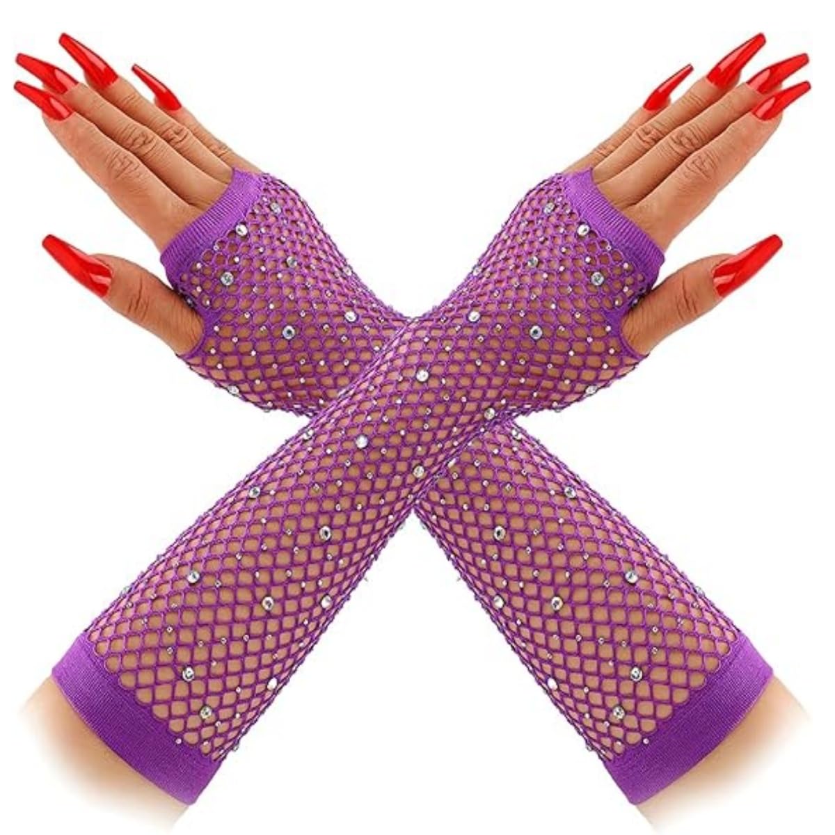 Ruichy Women's Purple Rhinestones Fishnet Gloves, 1 Pair Mesh Fingerless Fish Net Sparkly Glitter Gloves, Stretchy Elbow Length Neon Mitten For 80S Party Cosplay, Arm Sleeves Bridal Glove For Wedding Halloween Nightclub