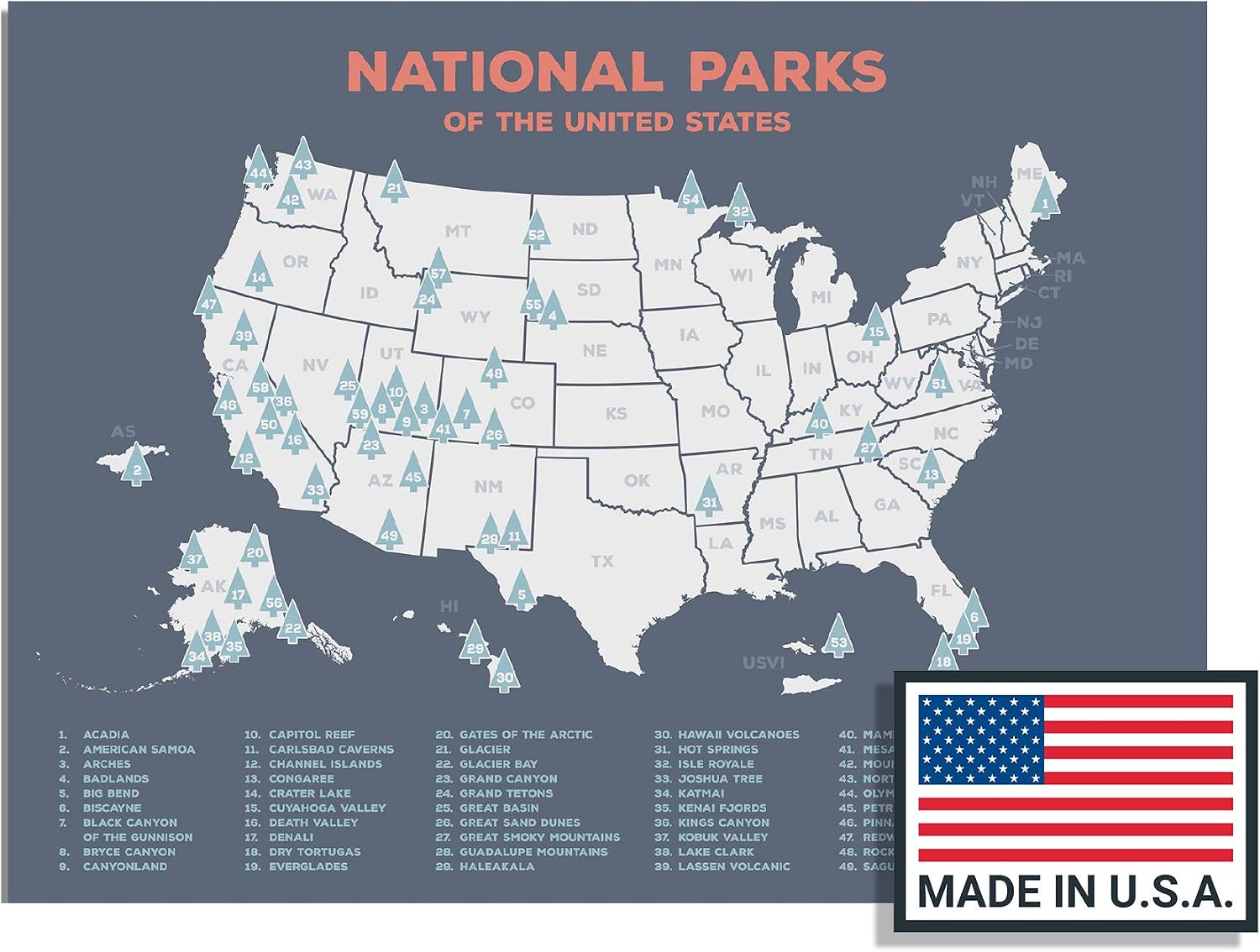 US National Parks Map Poster – All 63 Parks Included (Updated) – USA National Park Wall Art – 100lb Premium Cardstock Print – Travel Map Decor for Home, Office, Classroom (36x24)