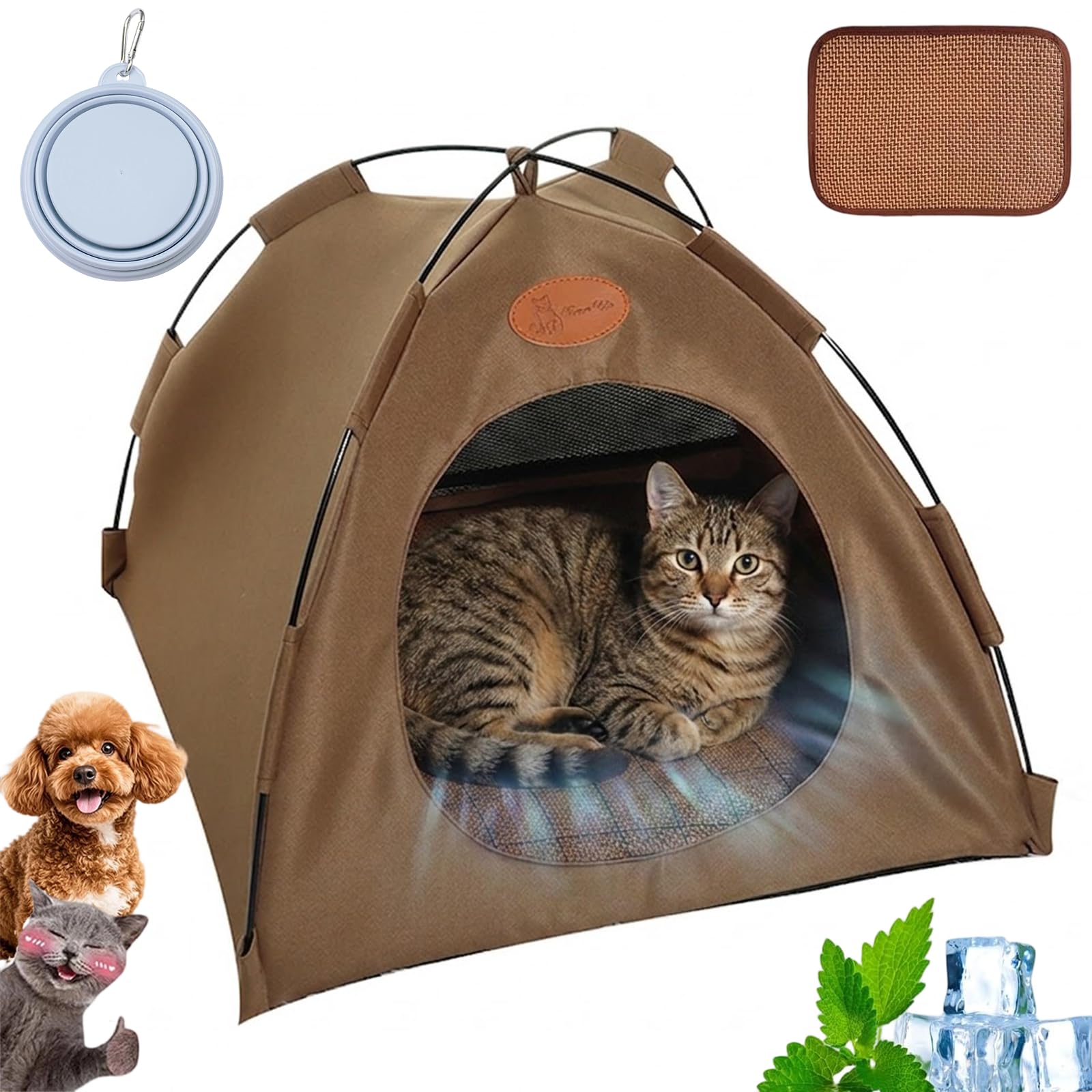 Premium Cat Cooling Tent with Rattan Mat and Dog Sun Tent, Foldable Cat Cooling Station for Indoor and Outdoor, Breathable Cats Camping Tent for Dogs and Cats (Coffee, 58 x 58 x 50 cm)