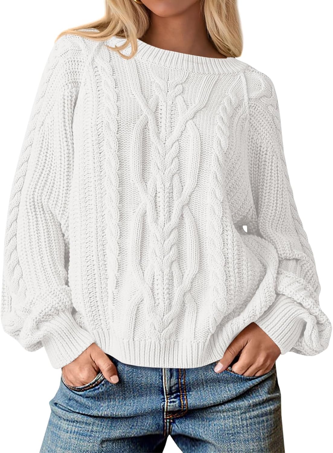 Cicy Bell Womens Oversized Cable Knit Sweaters Crew Neck Long Sleeve Fall Chunky Pullover Casual Loose Fit Sweater Tops