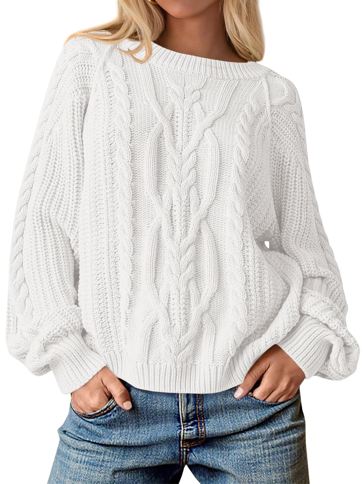 Cicy Bell Womens Oversized Cable Knit Sweaters Crew Neck Long Sleeve Fall Chunky Pullover Casual Loose Fit Sweater