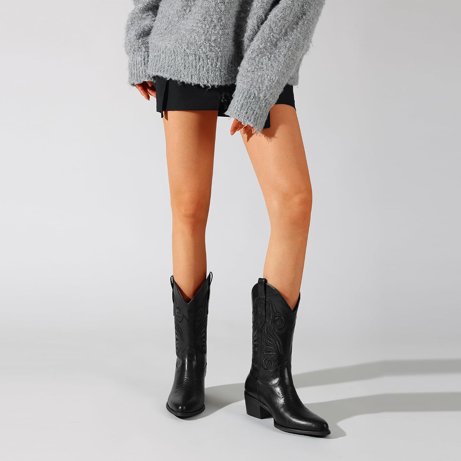 Cowboy Boots for Women, Mid Calf Cowgirl Boots with Suede Embroidery, Pointed Toe Chunky Low Heeled Pull On Western Boots