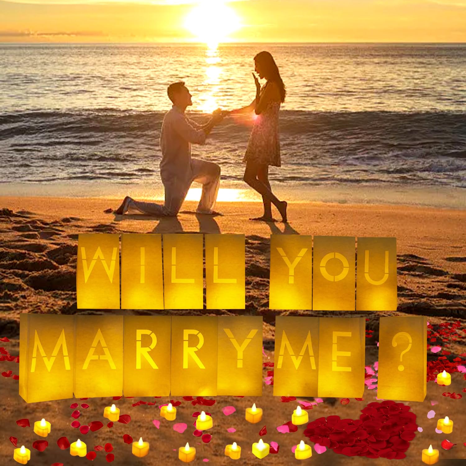 Will You Marry Me Light Up Letters Luminary Bags, Marry Me Sign Banner, Romantic Proposal Decoration Kit with 30PC Bright LED Candles and 2000PC Fake Rose Petals