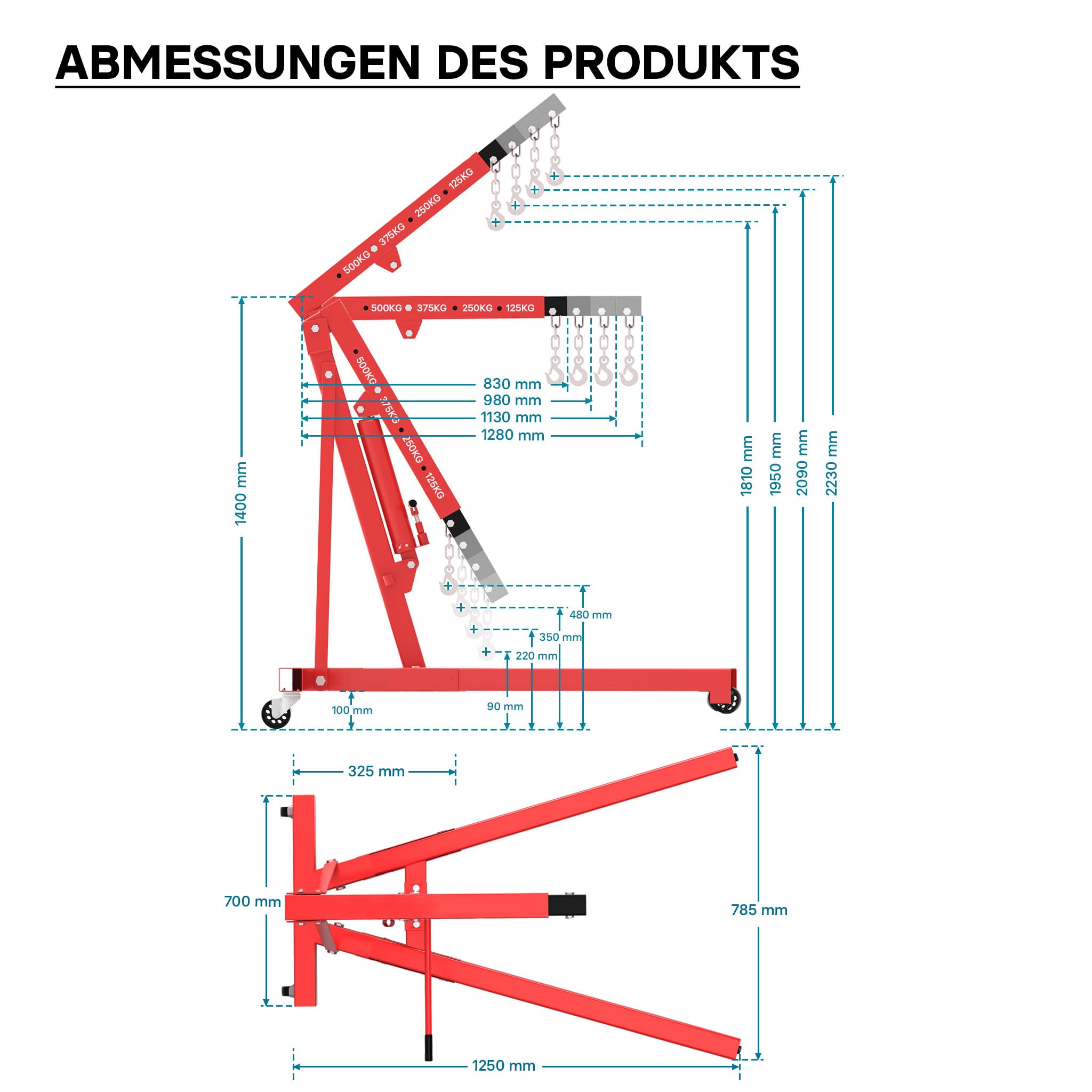 Werkstattkran für Lasten bis 500 kg, Motorheber mit 830-1280 mm Hubarm, Lastkran Motorheber, Motorkran Schwerlastkran